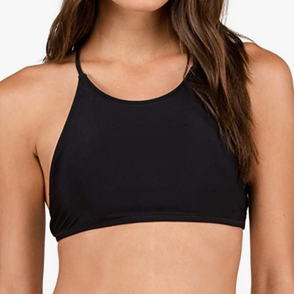 Volcom Halter Simply Solid High Neck Reversible Bikini Top Black Grey Size S/M