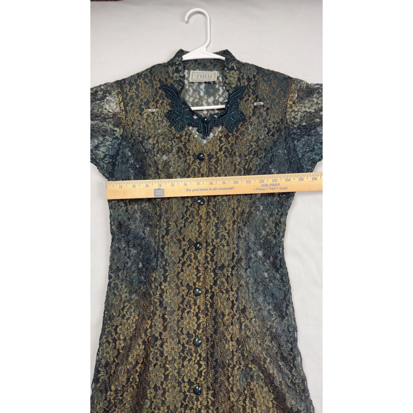 DBY Ltd VTG Y2K Green Gold Iridescent Lace Maxi Dress Button Front Sheer Duster