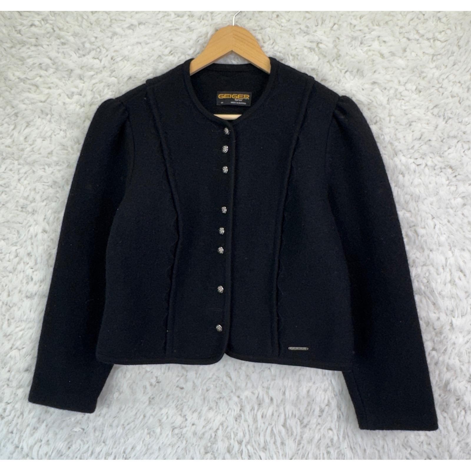 Geiger Tyrol Boiled Wool Jacket 44 VTG L Black Austrian Trachten Cardigan Blazer