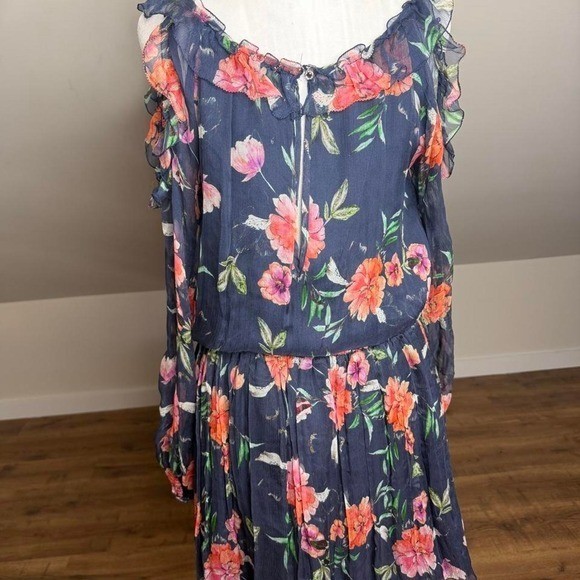 Johnny Was 100% Silk Floral Boho Mini Dress Cottagecore Romantic Festival