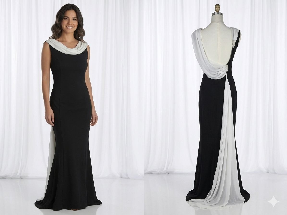 Vintage Cache Black White Evening Gown 90s Y2K Cowl Draped Open Back Formal XS