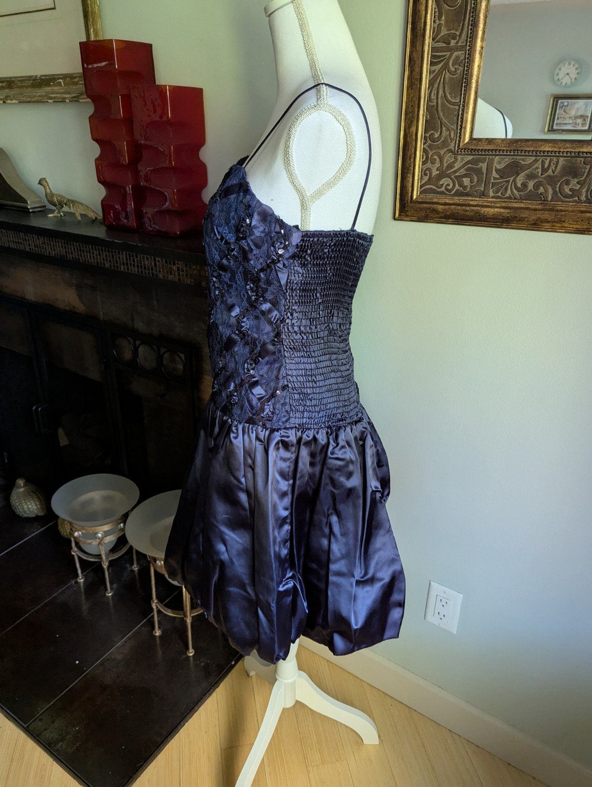 Vintage 80&rsquo;s Size Small/Med Formal Sequin Lace Ribbon Bodice Bubble Skirt Dress