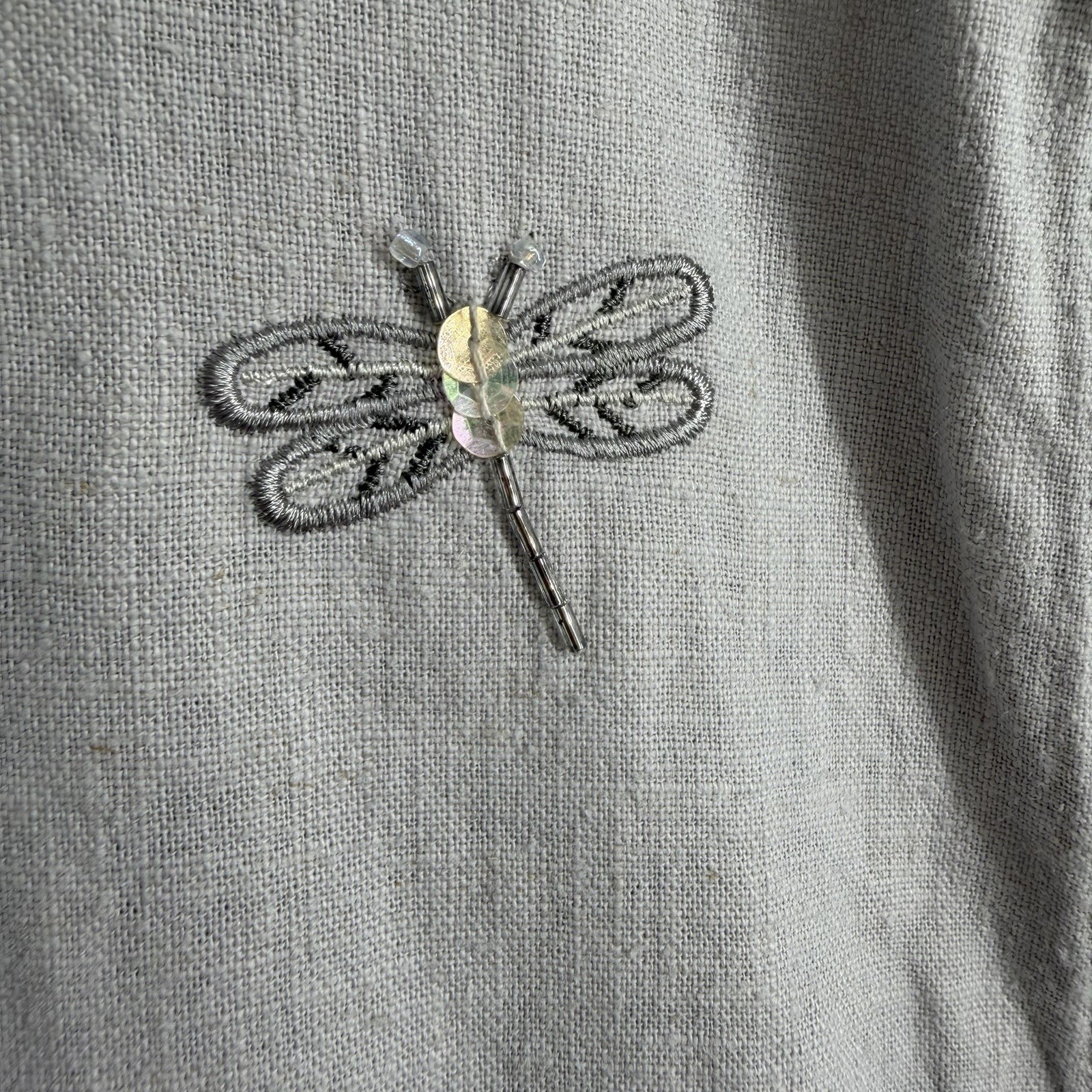 Vintage Jane Ashley Embroidered Sequin Dragonflies Embellishment Linen Dress