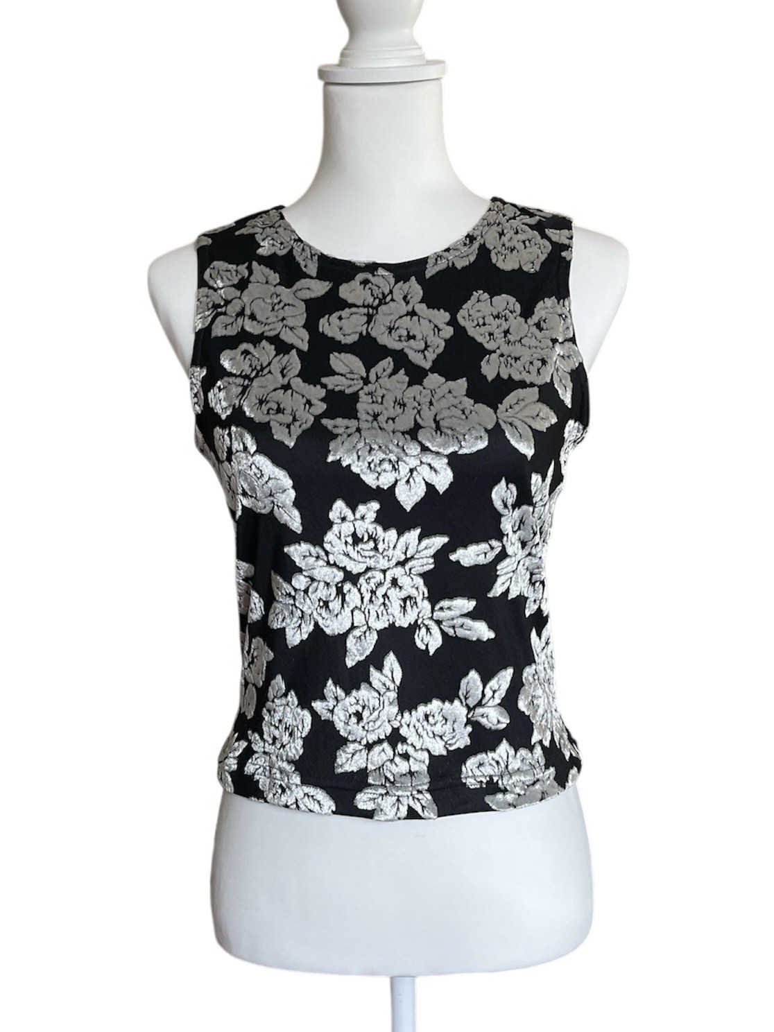 90s Always Evolution Metallic Silver & Black Floral Sleeveless Blouse Y2K Top