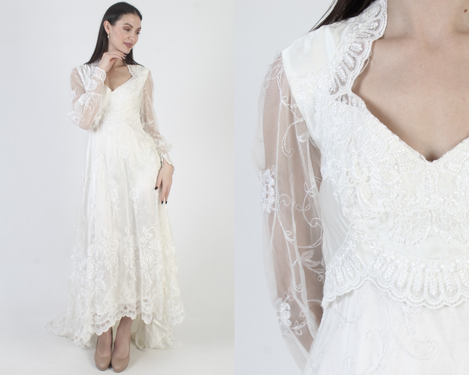 Vtg White Embroidered Wedding Dress Sheer Lace Victorian Bridal Asym Gown Train