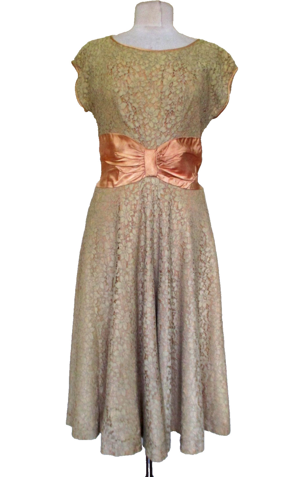 Vintage 50s Dress M/L Women Beige Lace Satin Waistband Full Skirt Swing