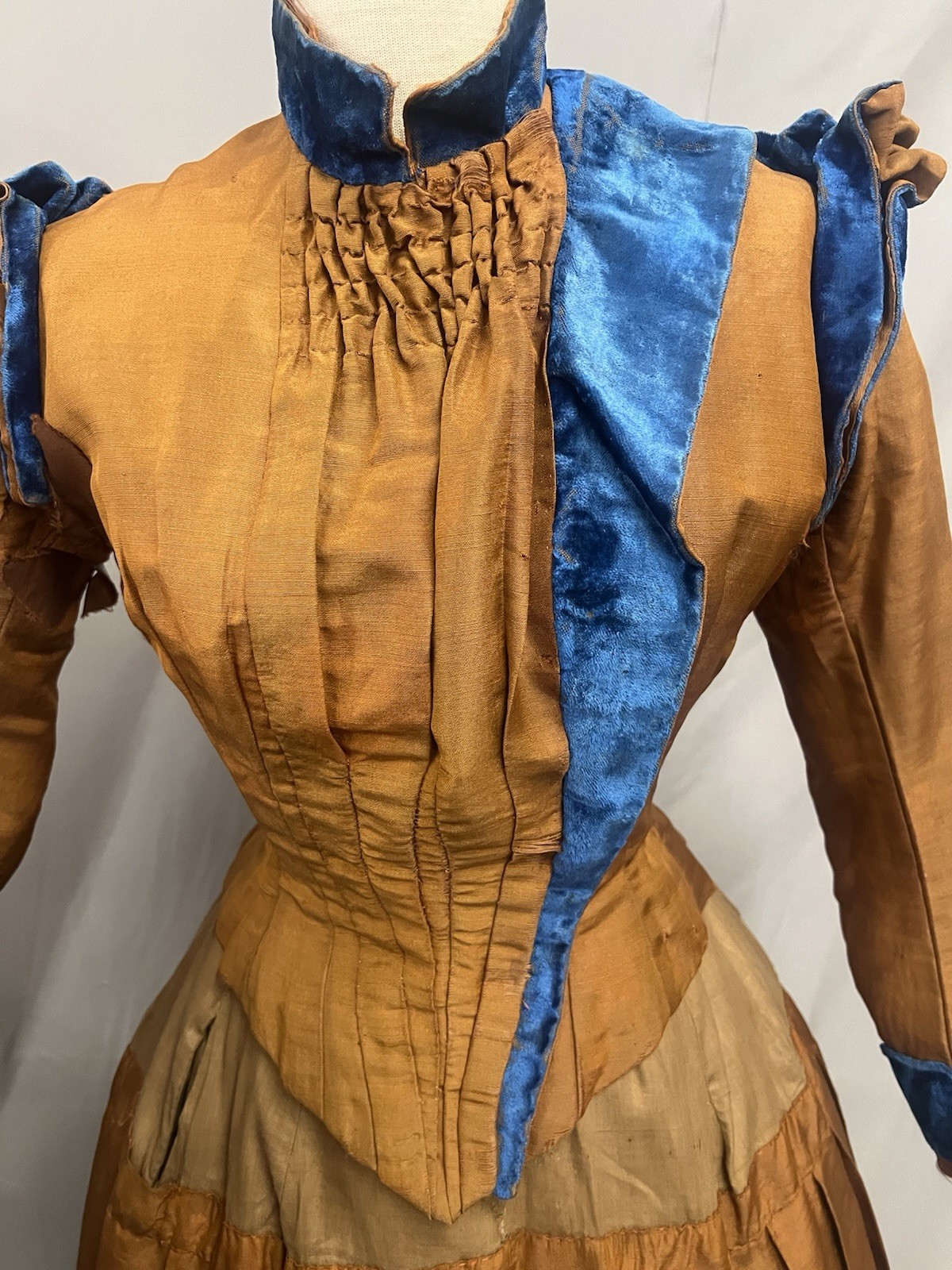 1870’s Copper Silk & Turquoise Velvet Bustle Day Dress
