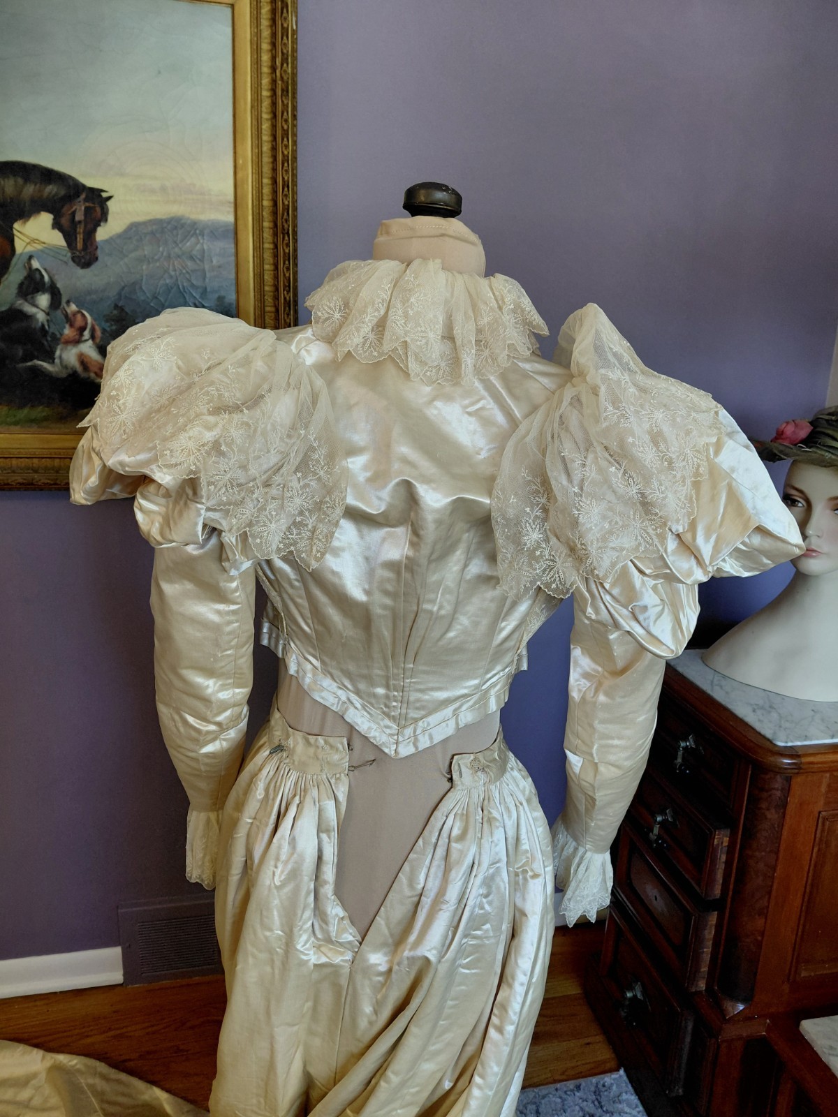 Antique 1890&rsquo;s Satin & Tambour Lace Dress Wedding Ball Gown Leg O Mutton Sleeves