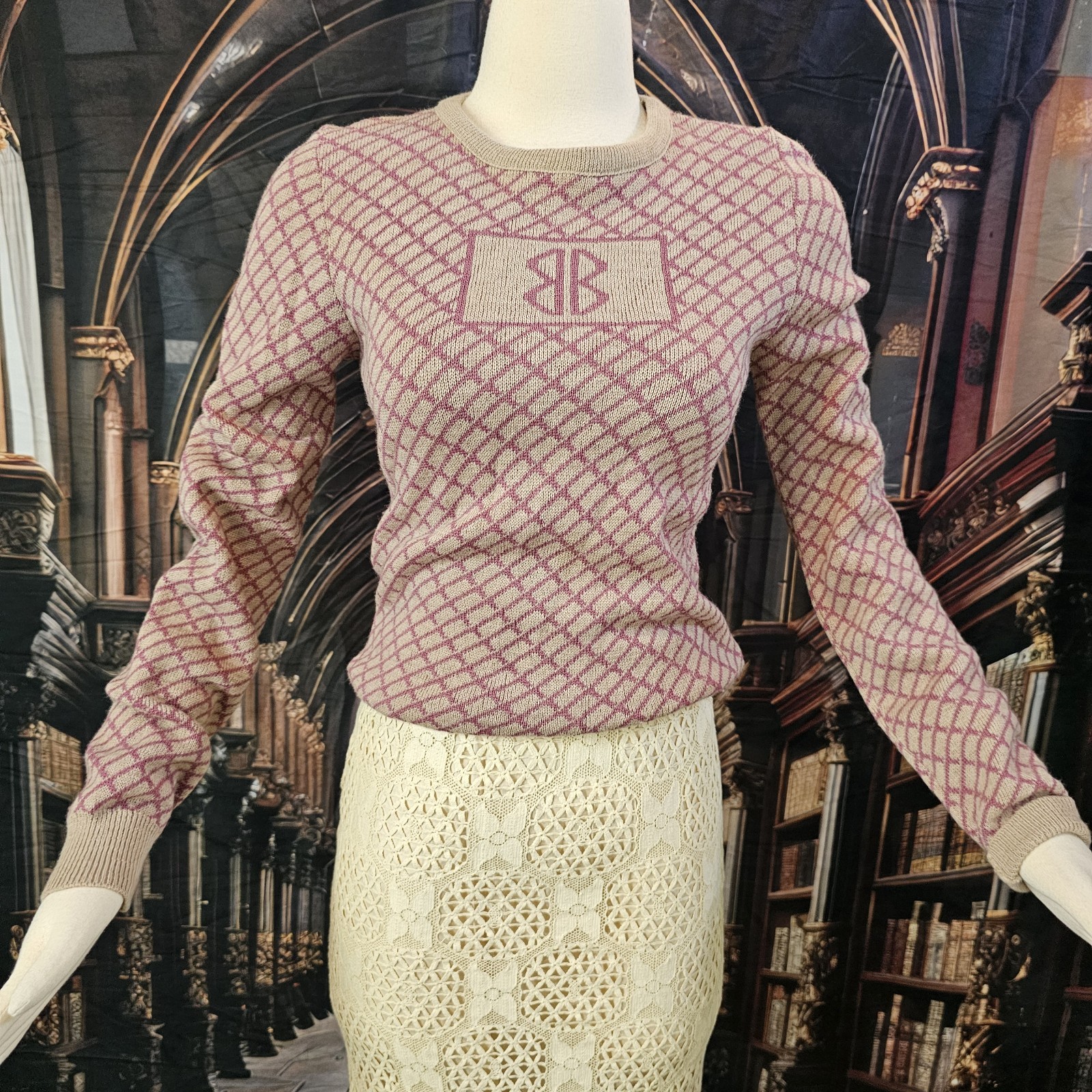 Vintage 1970s Sweater Pullover Mauve Pink Beige Diamond Pattern Double B