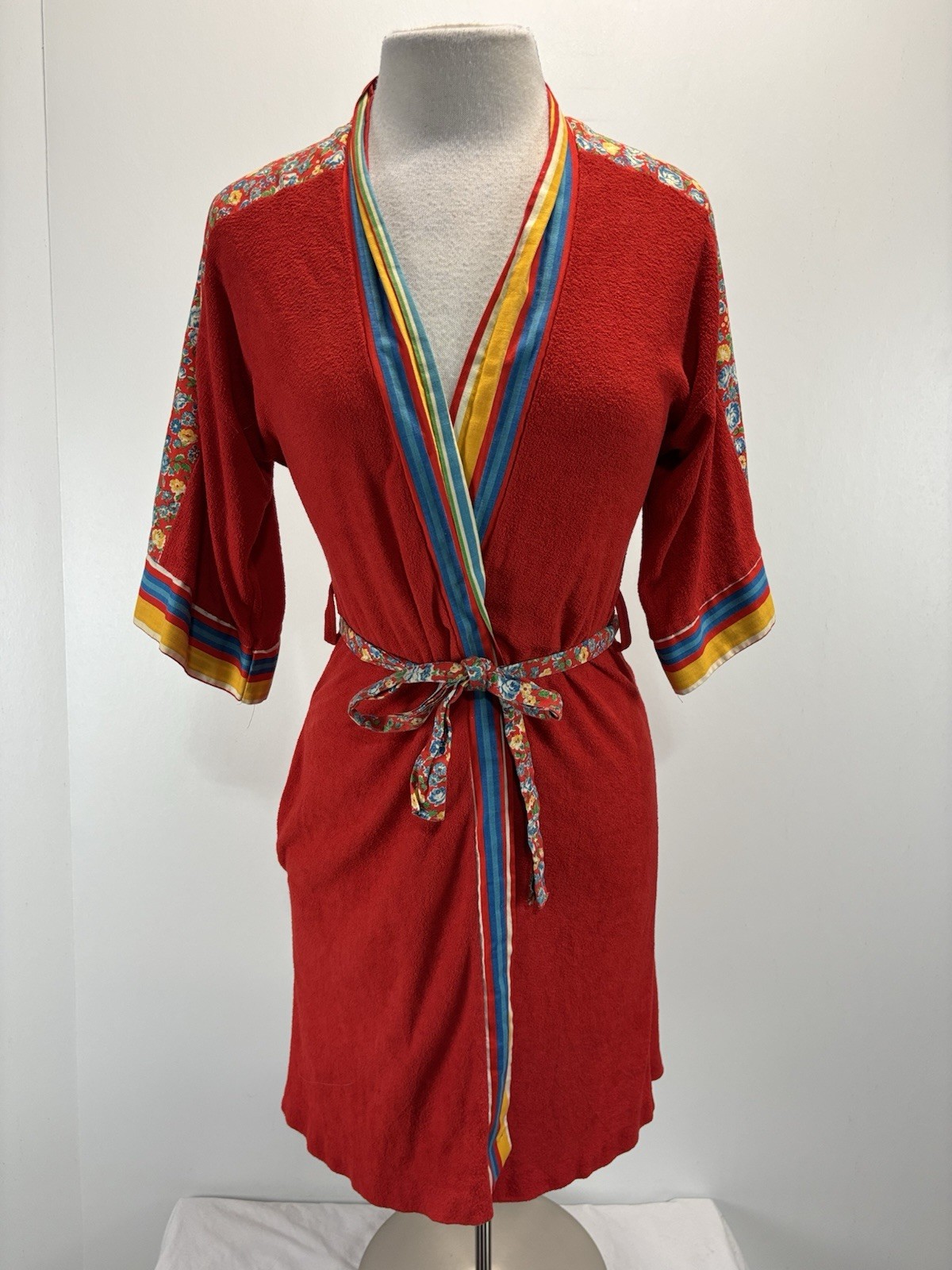 Vtg Berkeleigh Juniors Terry Bath Robe Juniors 7 Red Floral Belted 70s