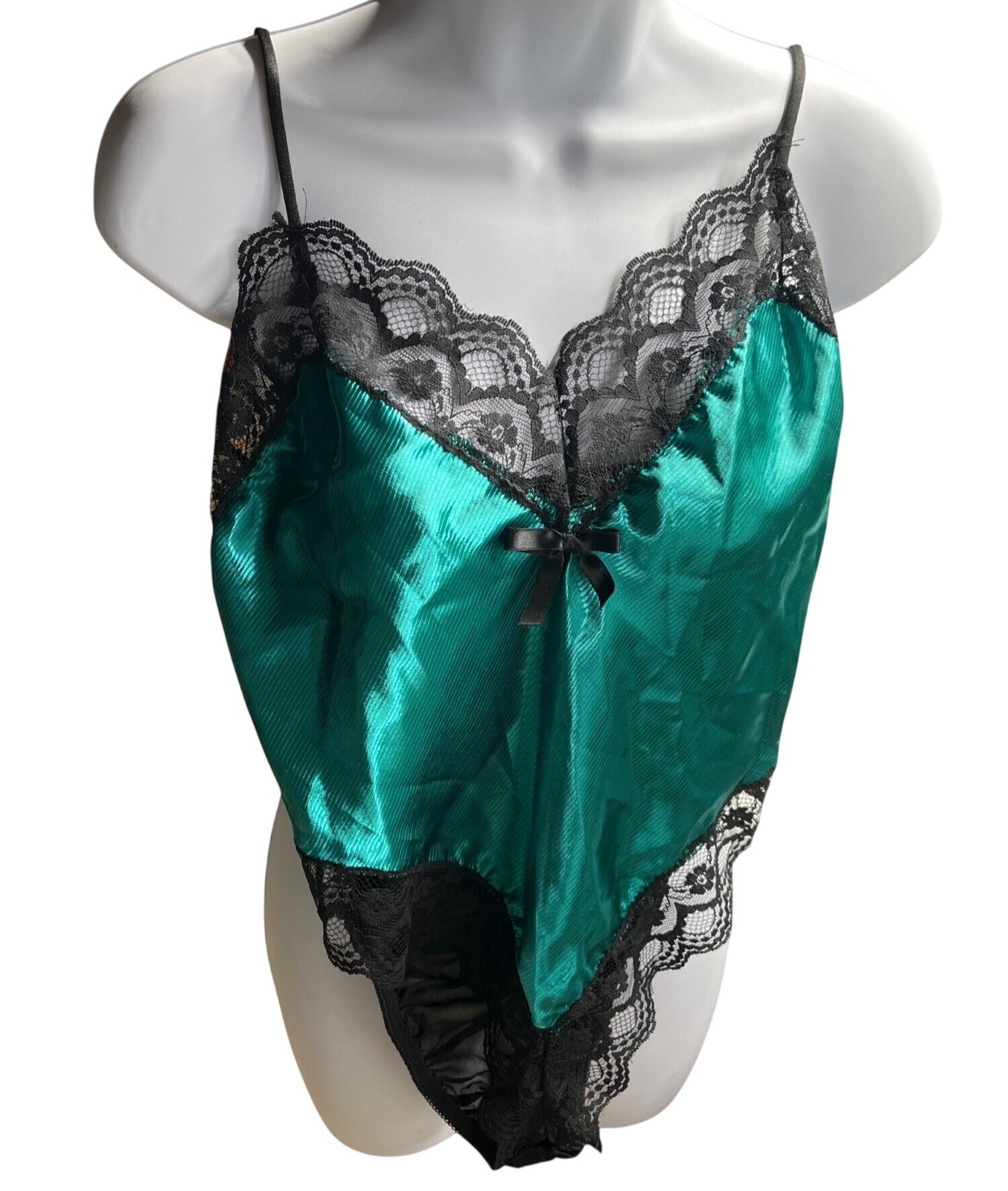 Lady Cameo Dallas Green Satin & Black Lace Teddy Medium Made In USA Vintage 41i