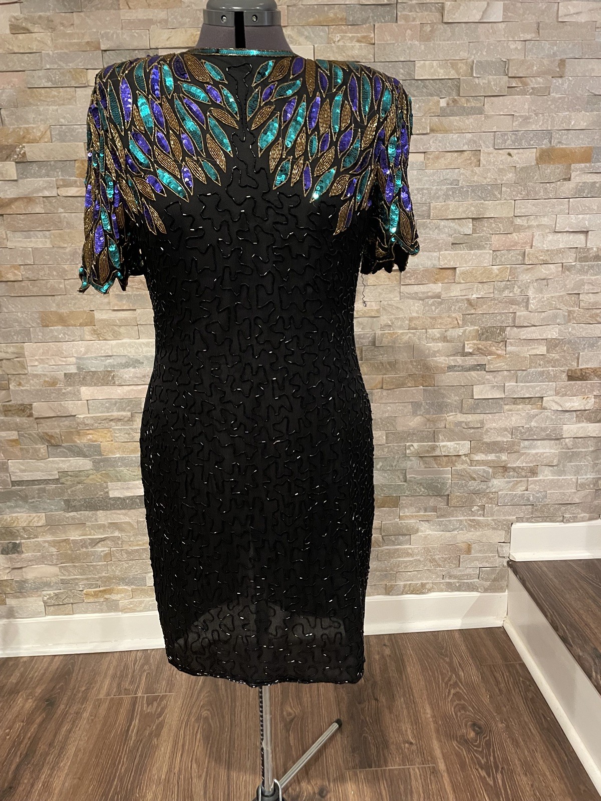 Vintage 80s Laurence Kazar NY Silk Beaded Sequin Mardi Gras Cocktail Dress-Sz Lg