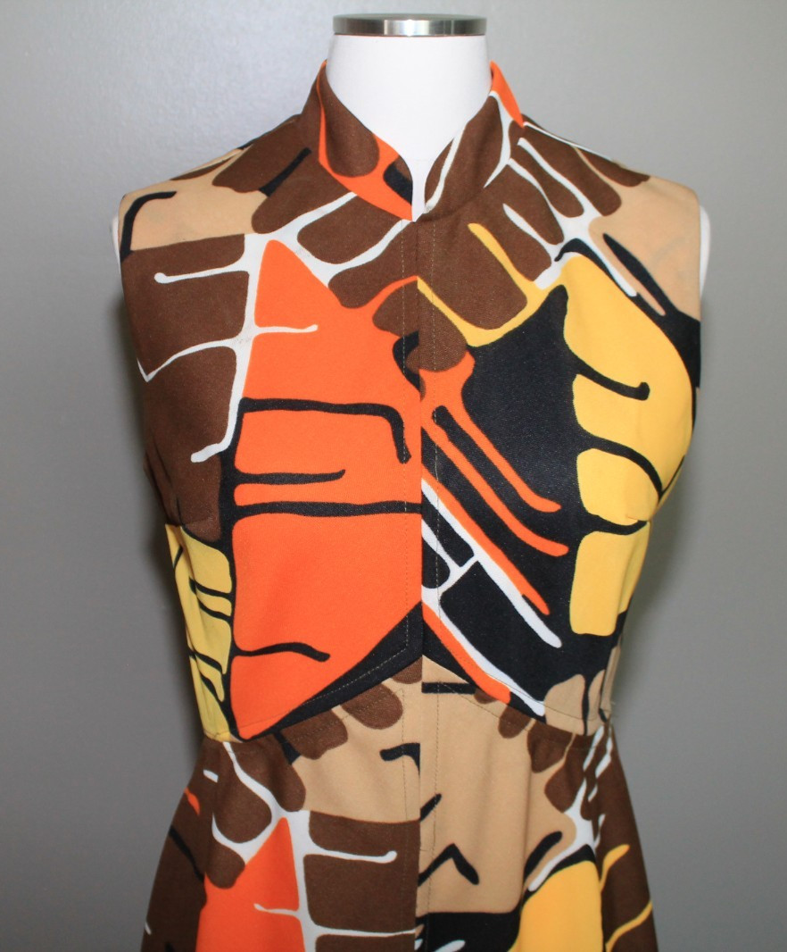 Vintage 70s Mod Maxi Dress Psychedelic Brown Orange Yellow Hippie Hawaiian Small