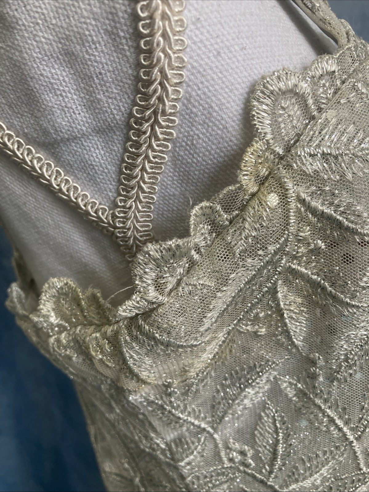 VTG 80s ASPEED USA Silver Lace Dress Jacket Set 2pc Formal Gown Prom Wedding Med