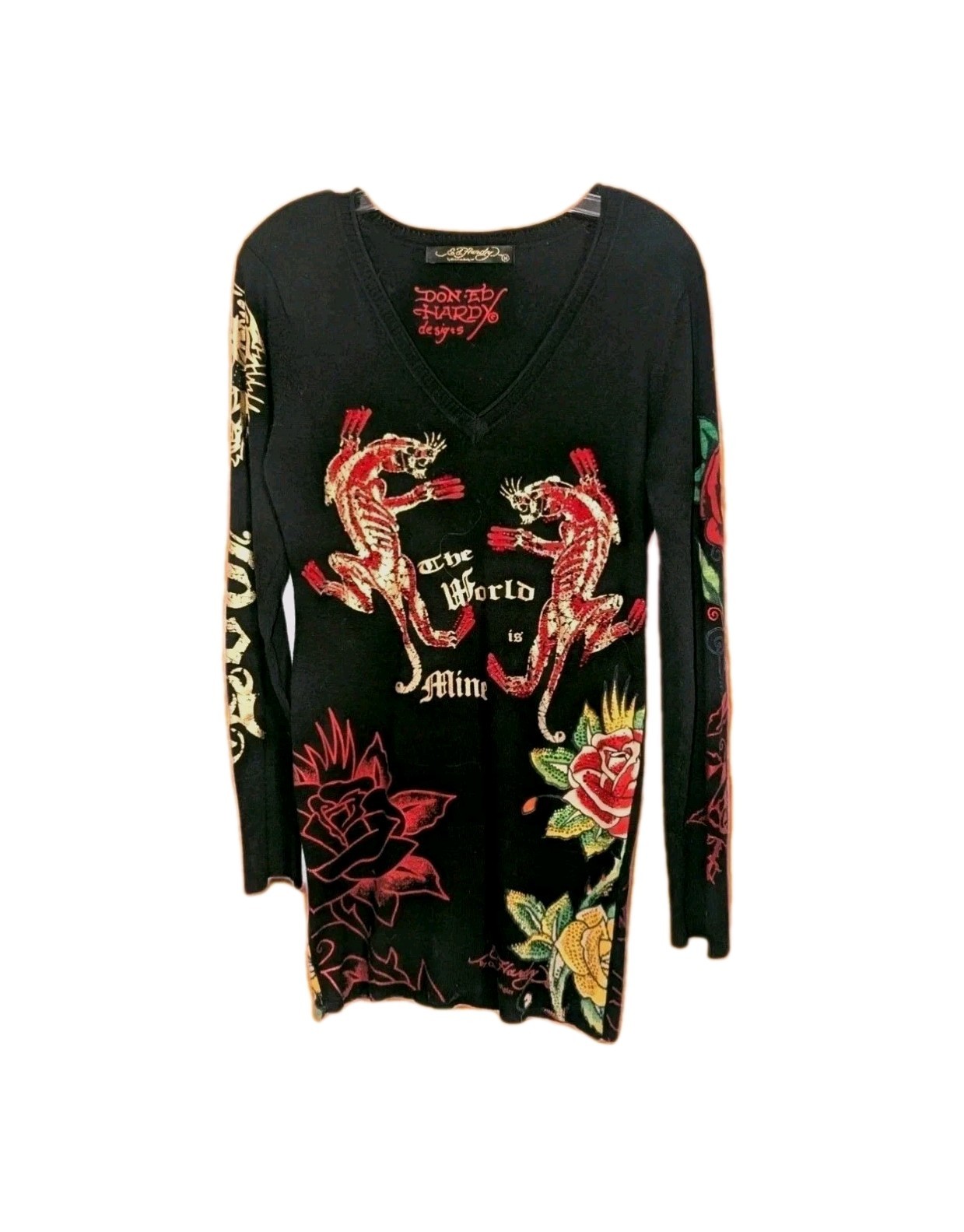 Vtg Ed Hardy Christian Audigier Bodycon Blingy Sweater Dress Y2K Panther Med A+!