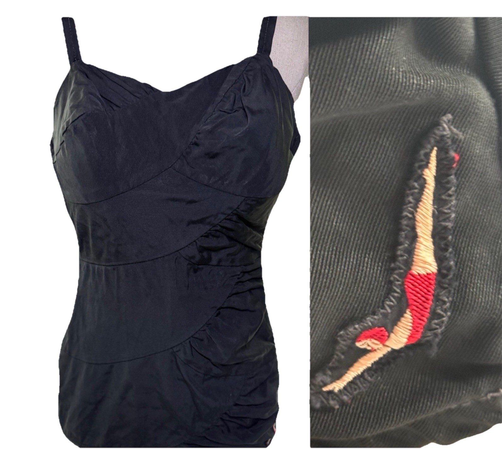 Vtg Jantzen Bathing Beauty SwimSuit 50s Black 16 Red Logo Layered Romper Pin Up