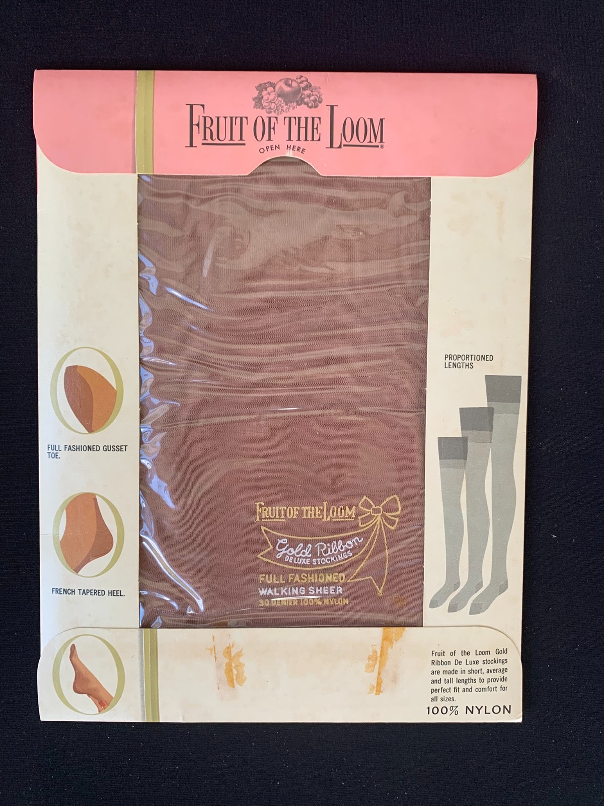 Vintage Fruit Of The Loom Nylon Stockings Gold Ribbon Deluxe Walking Sheers Sz 9