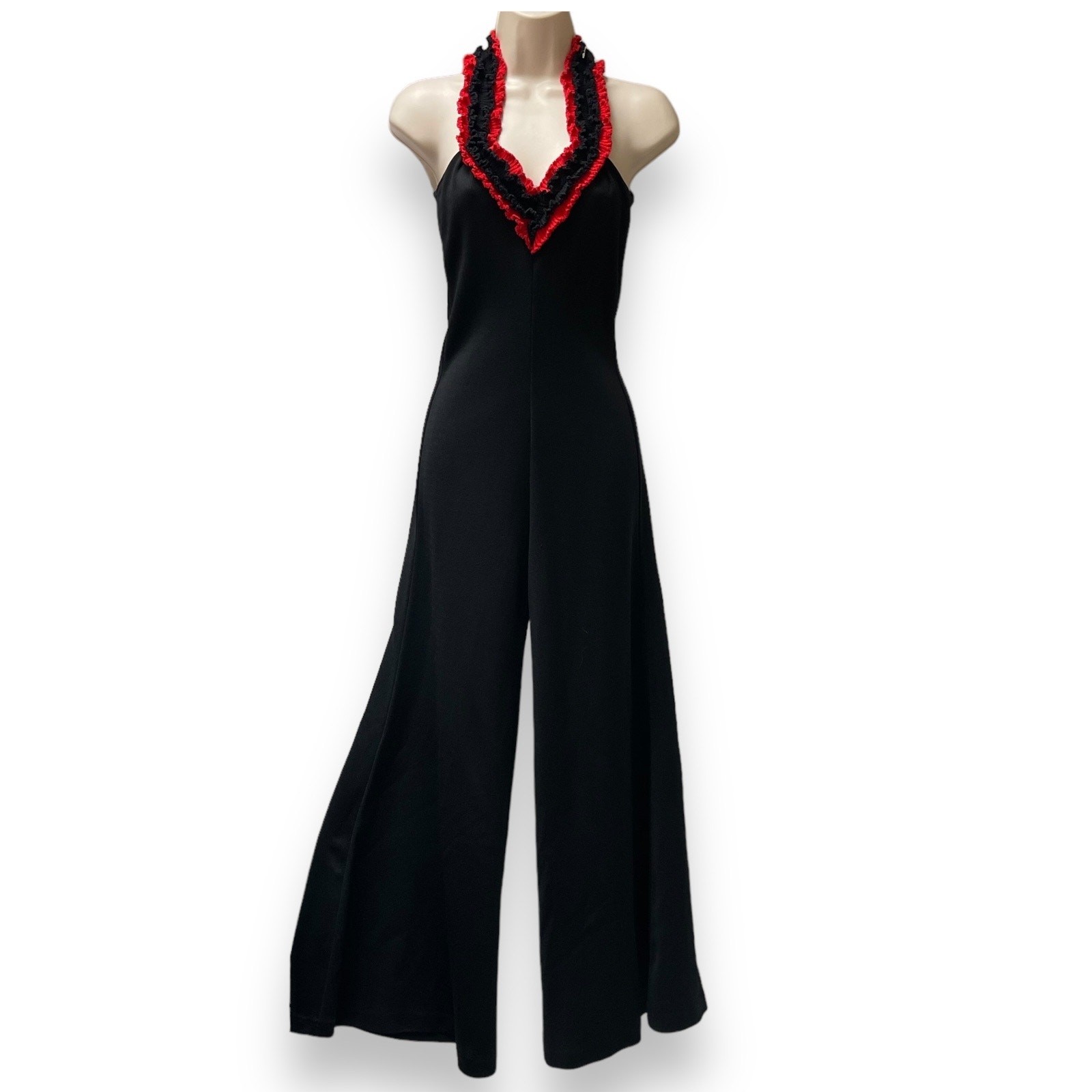 Vintage 70s Black & Red Ruffle Backless Knit Bellbottom Jumpsuit Studio 54 Disco