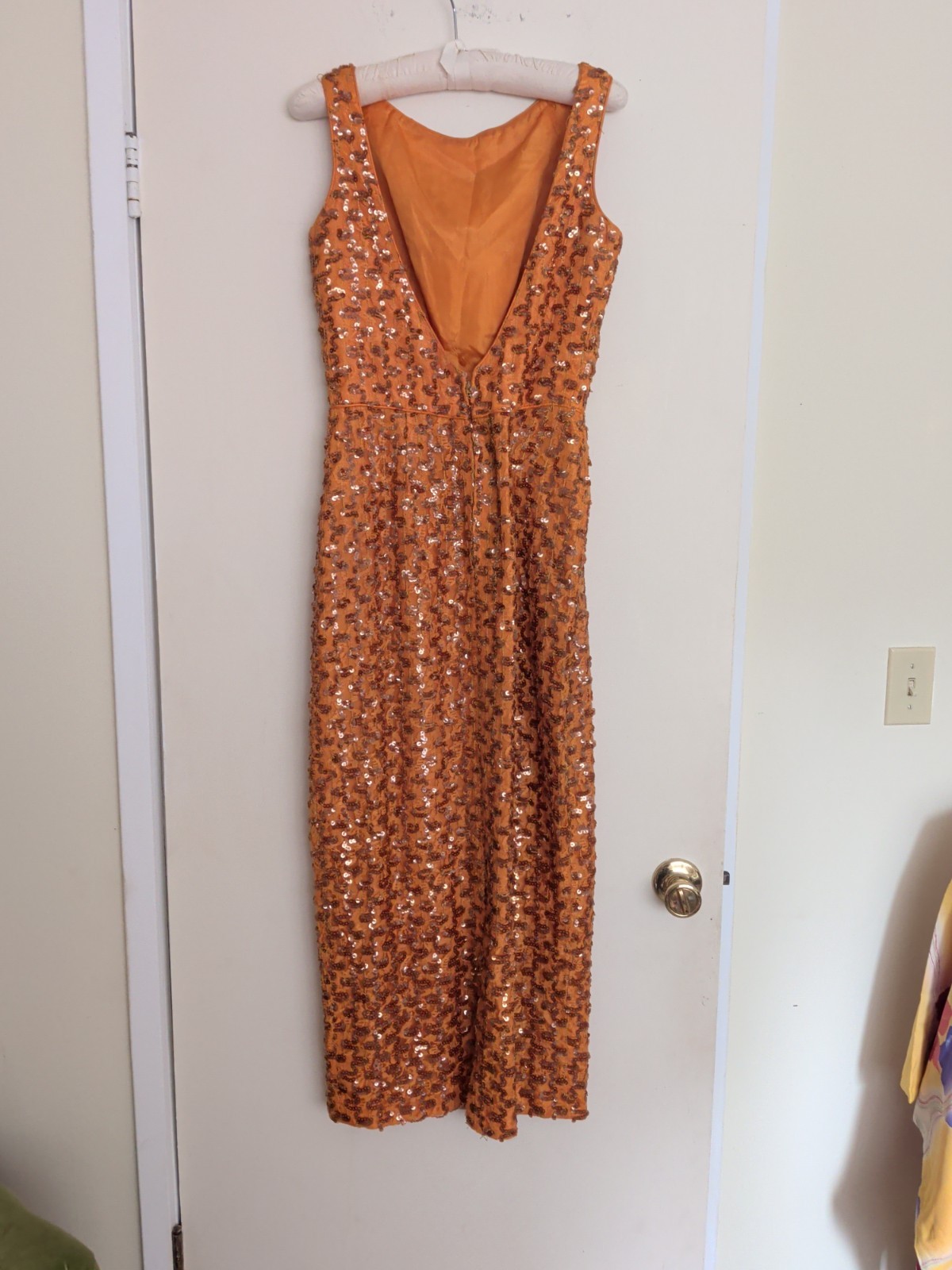 Vintage 60s Mod Burnt Orange Bronze Sequin Dress Column Low Back 36
