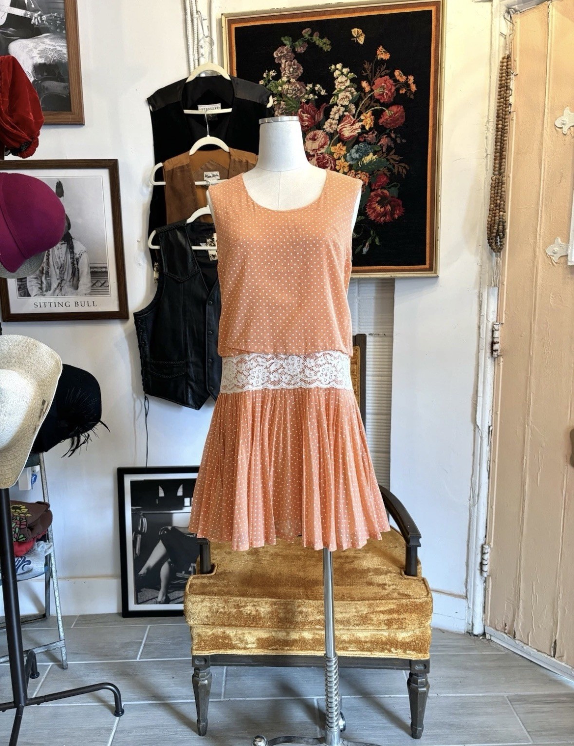 Vintage 60&rsquo;s Orange Polka Dot Dress Cotton Drop Waist Lace Size Small Medium