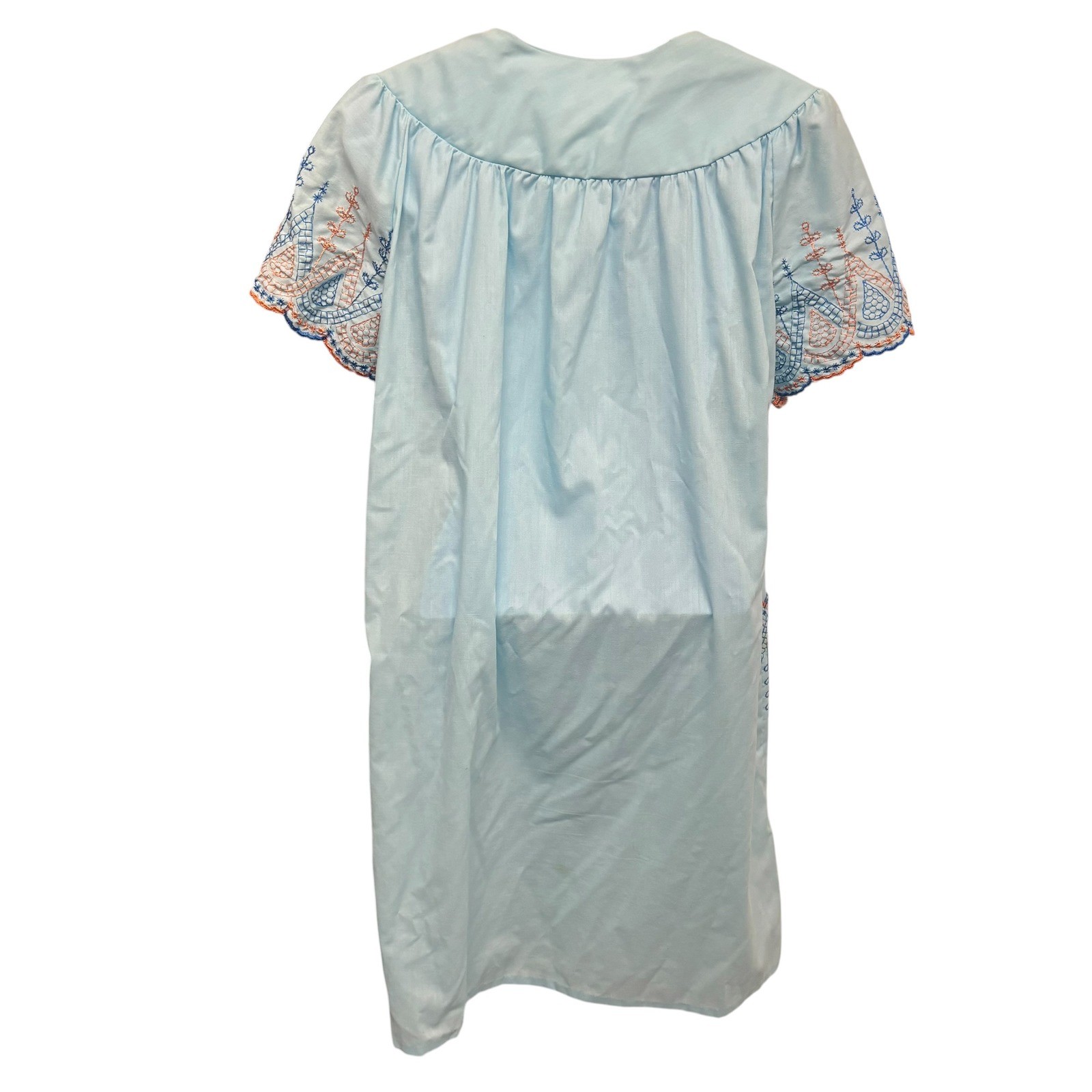 Vintage Light Blue Embroidered Button Front House Dress Robe Pockets Retro L