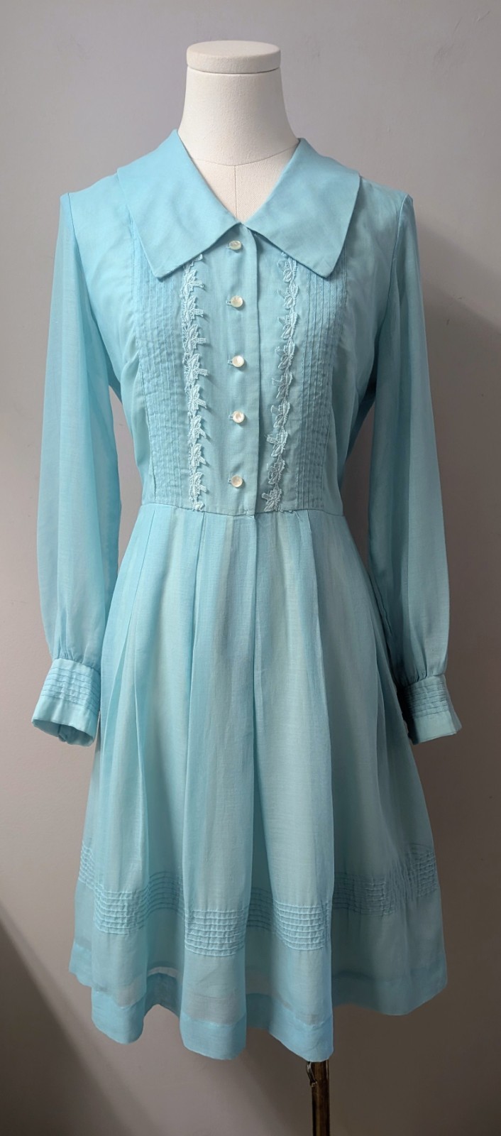 Vintage 60&rsquo;s Aqua Voile Fit And Flare Dress Sheer Sleeves Pintucks S/M