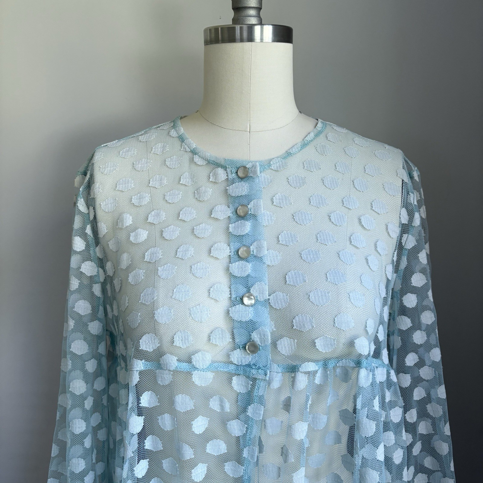 Vintage 60’s Catalina Baby Blue Mod Polkadot Lace Bell Slv Swimsuit Cover Up S/M