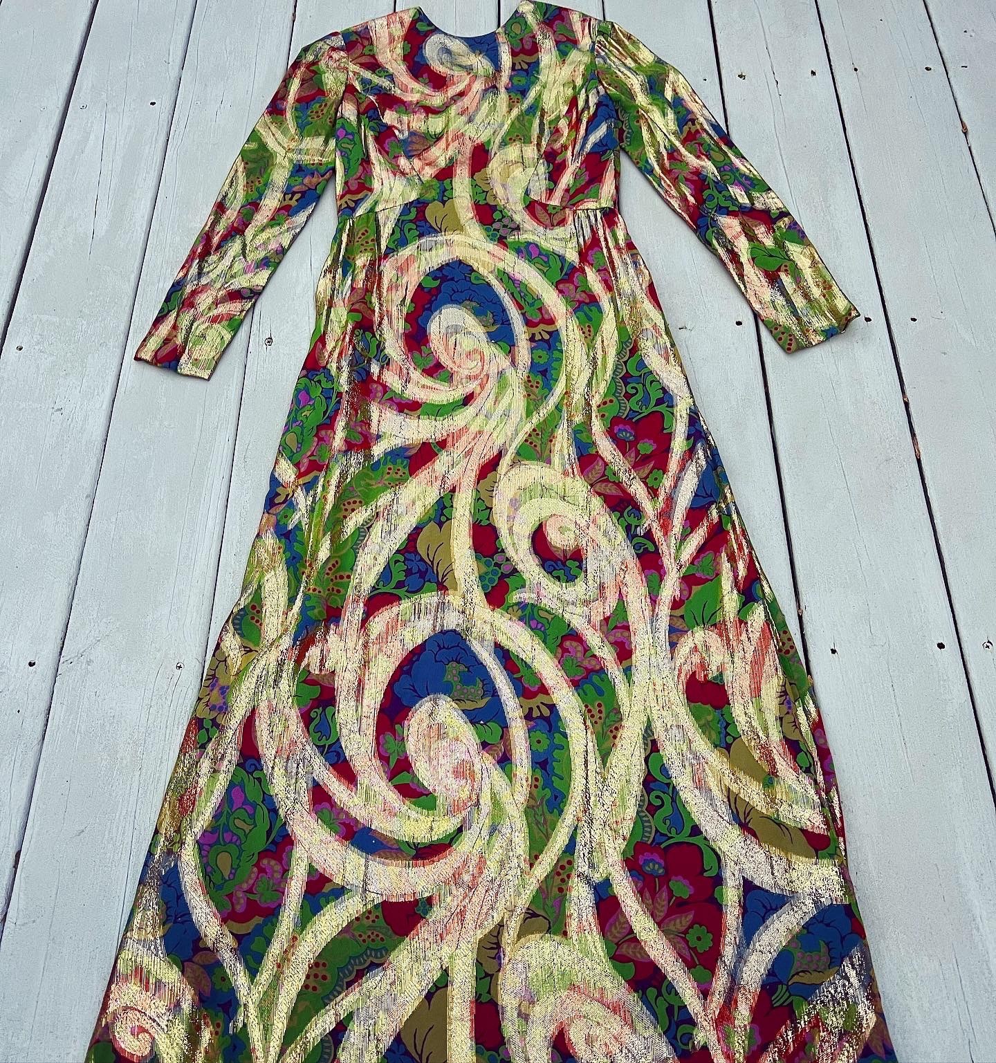 Vintage 70s Sylvia&rsquo;s of Delray Beach Palm Royale Shiny Gold Multicolor Gown Sz S