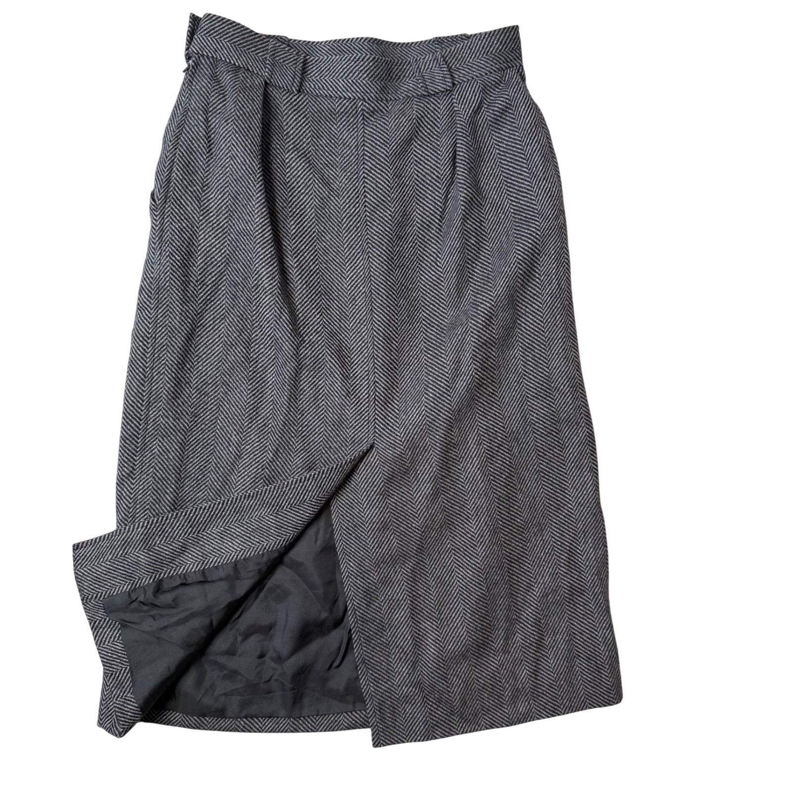 Vintage Yves Saint Laurent Variation Wool Herringbone Midi Skirt Gray Size 40