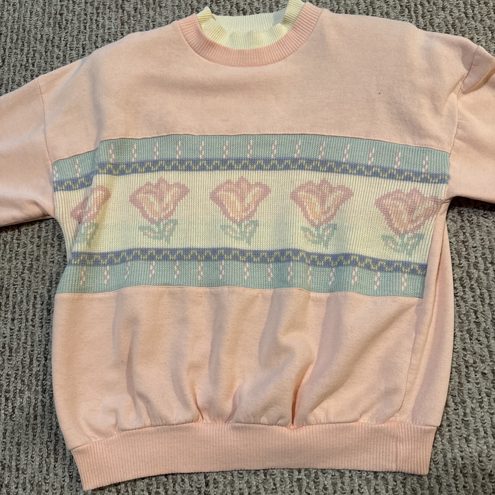 SIMPLY BASIC Vintage Pink Floral Shoulder Pad Sweatshirt Sz L USA Made