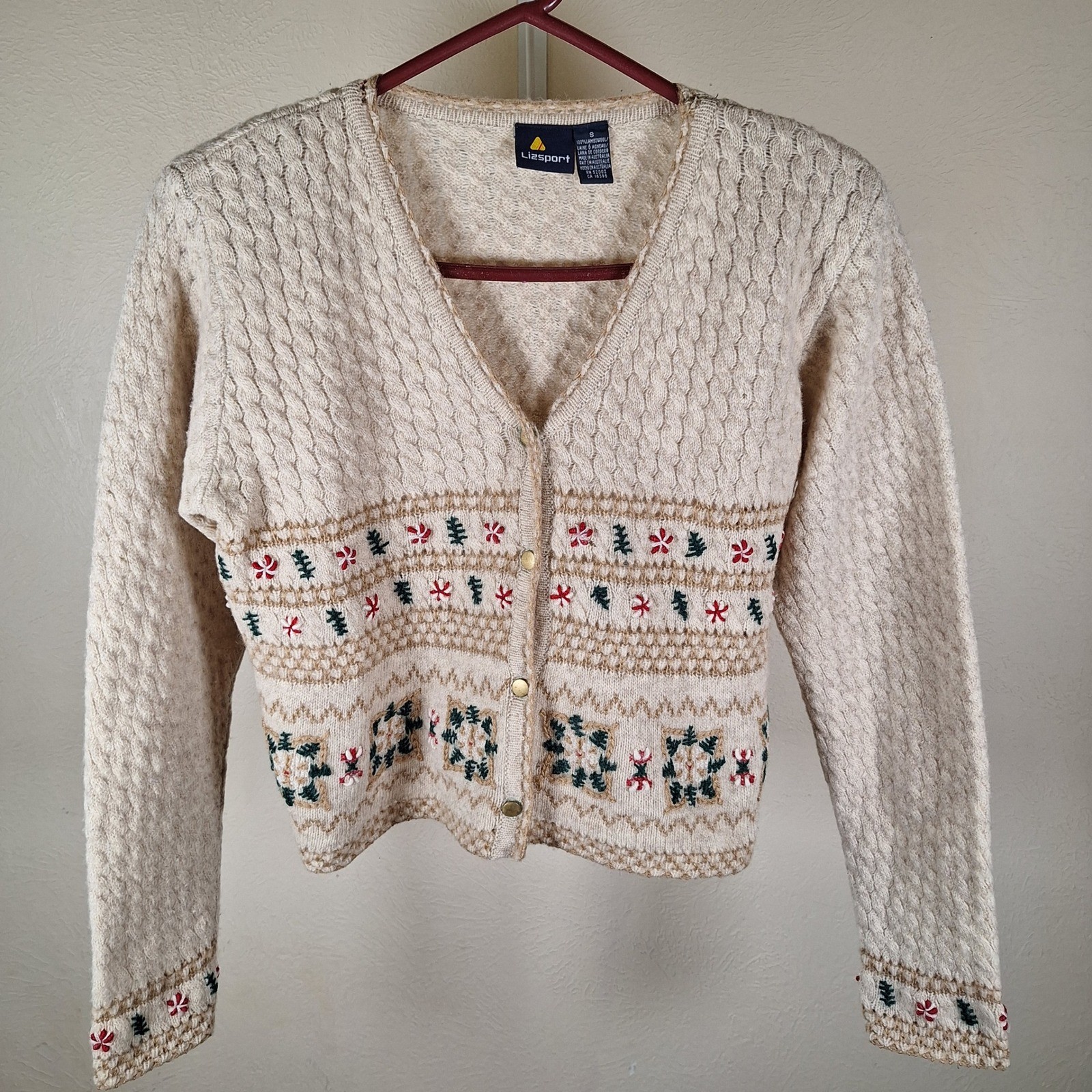Liz Sport Vintage Lambswool Cardigan Cottagecore Dainty Christmas Holiday Small