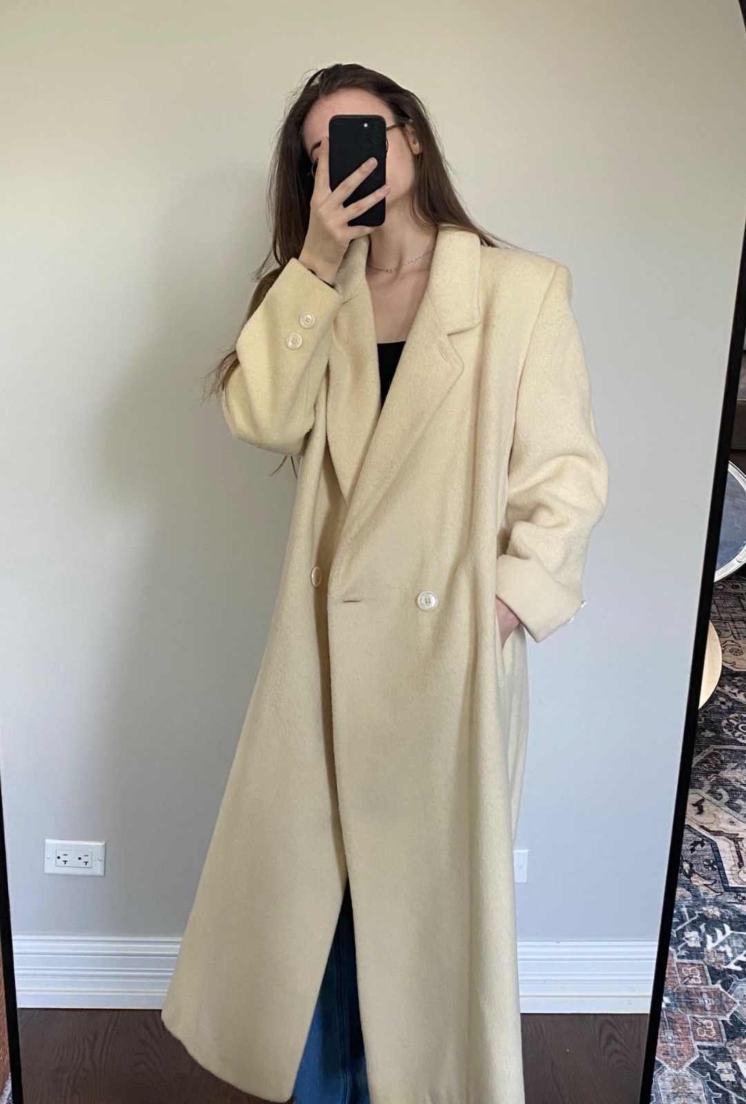 Vintage Ashley Scott Long Wool Coat Cream Ivory Double Breasted USA Made 80% Woo