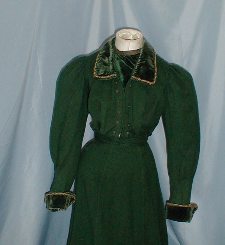Striking Antique Dress Suit Victorian 1890&rsquo;s Forest Green Wool Velvet Trim