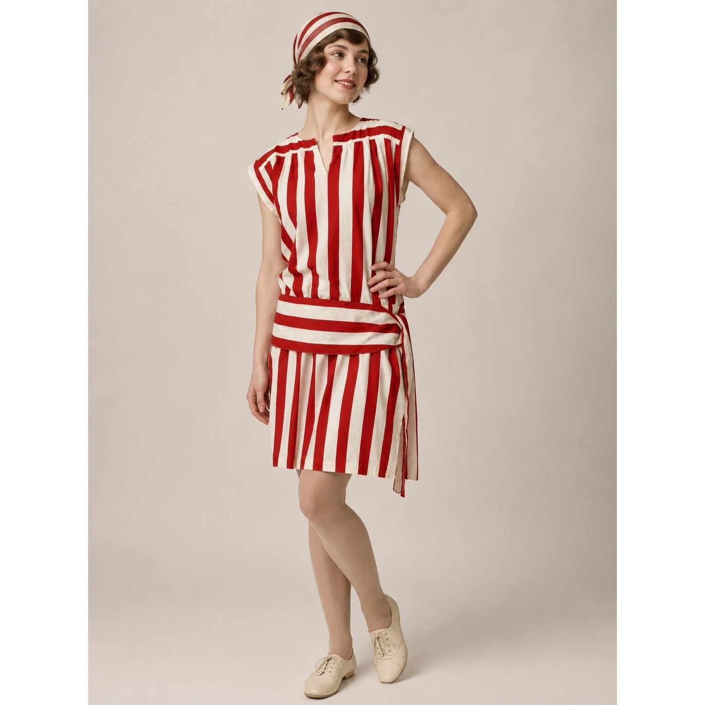 Vintage Lisa Joe 1980s Red White Striped 1920s Style Drop Waist Cotton Dress