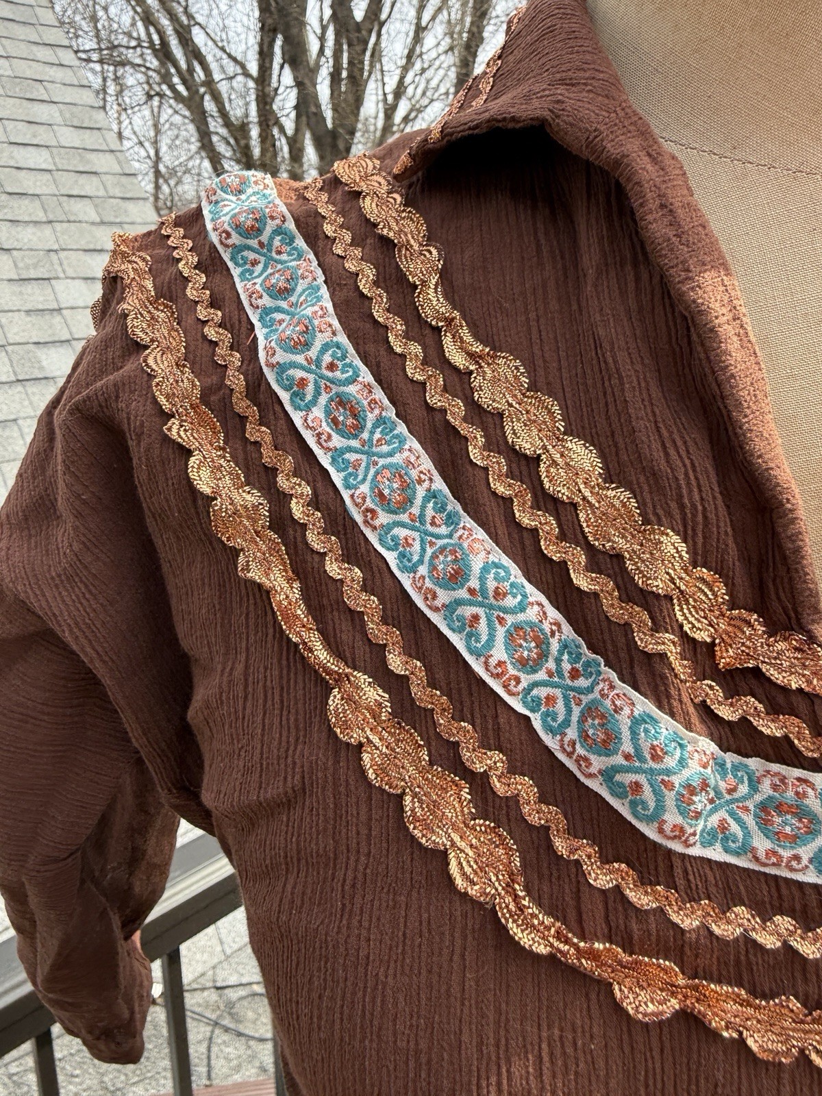 Vintage Faye Creations Patio Fashions Arizona Brown Dress Copper / Blue Trims