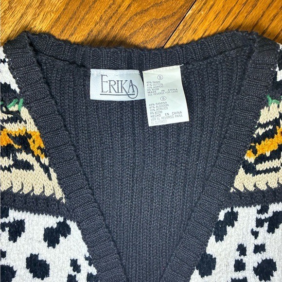 Erika Vintage Mixed Pattern Knit Sweater Vest Ramie Cotton Blend Small Black