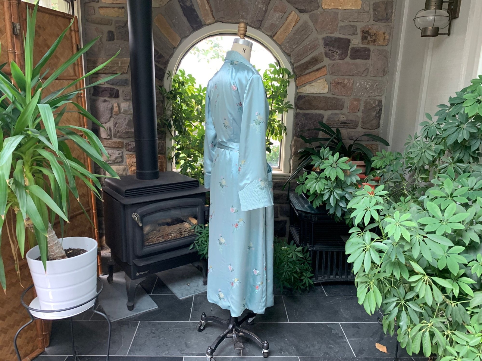 Vintage Light Blue Embossed Floral Rayon Satin Asian Wrap Peony Brand Robe