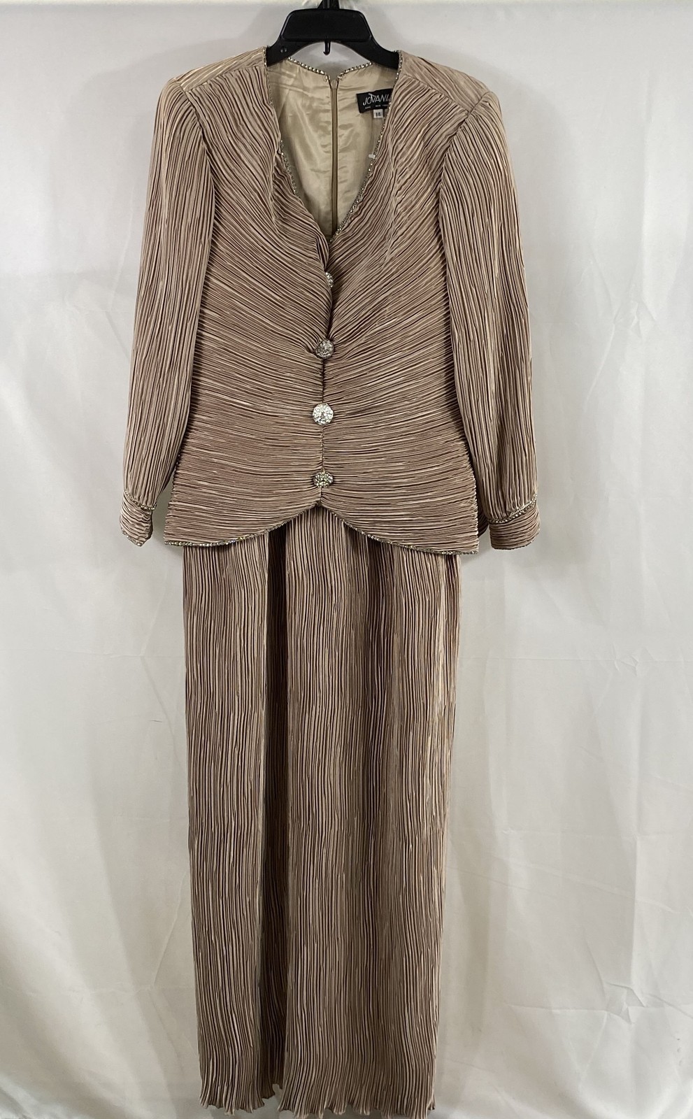 Vintage 90s Jovani Women&rsquo;s Champagne Pleated Crystal Maxi Dress Set Sz 14