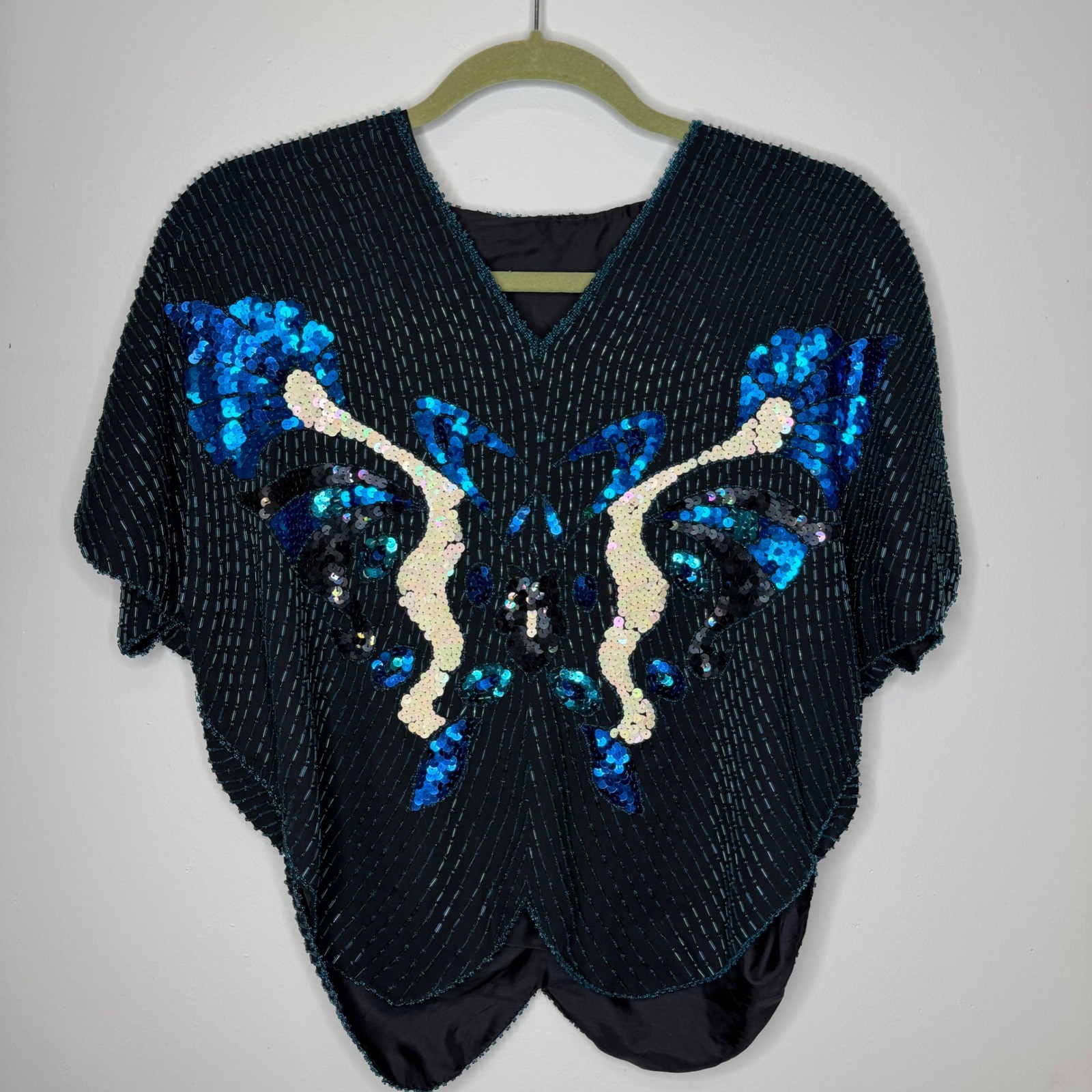 Vintage Beaded Butterfly Top Black Blue Sequin Dolman Sleeve Scalloped Hem OS