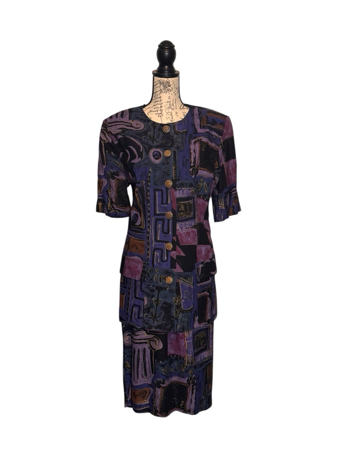 Jeffrey & Dara Vintage Purple Multicolored Geometric Two Piece Shirt Set Size 14