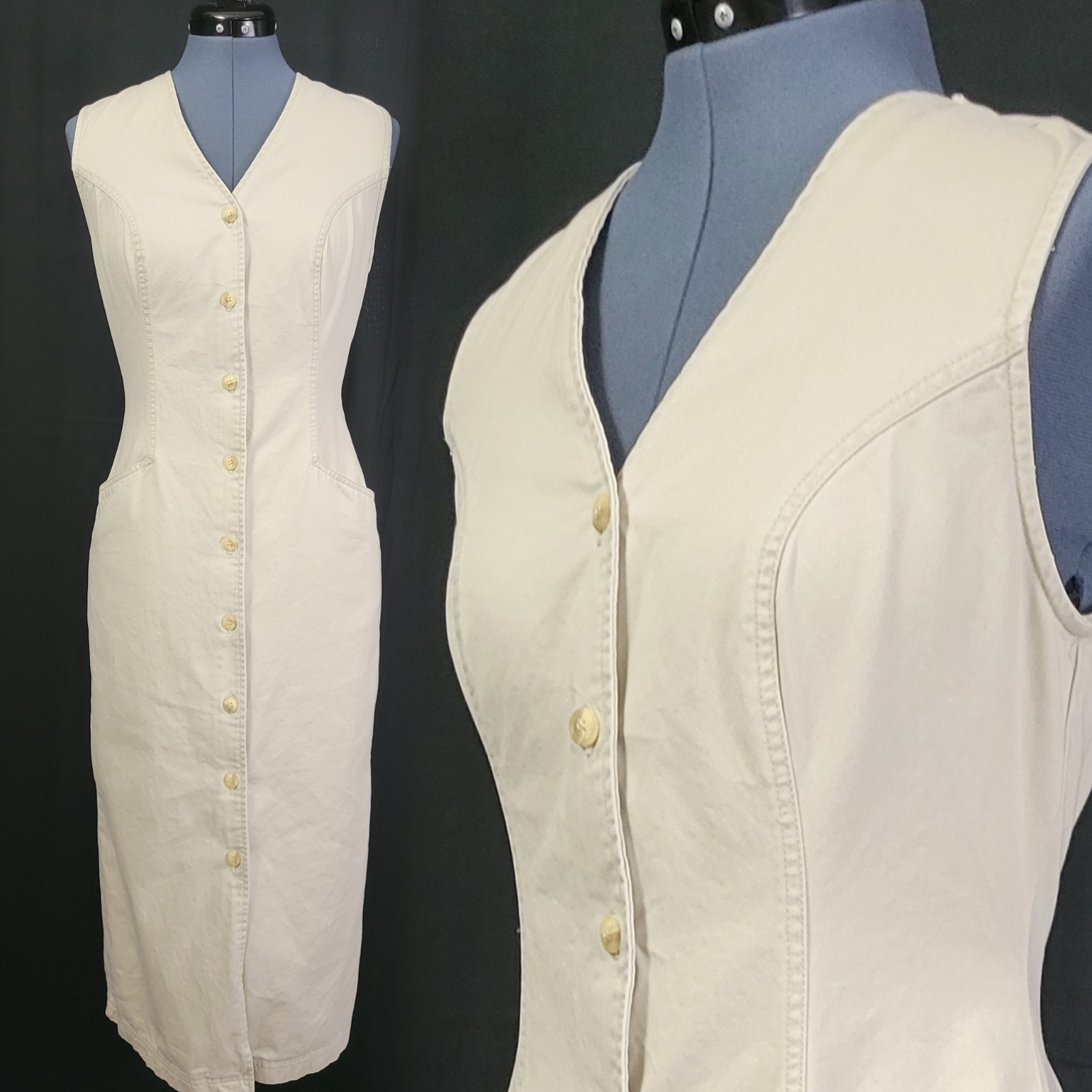 Vintage Gloria Vanderbilt Khaki Button Down Sheath Dress w Pockets Size S