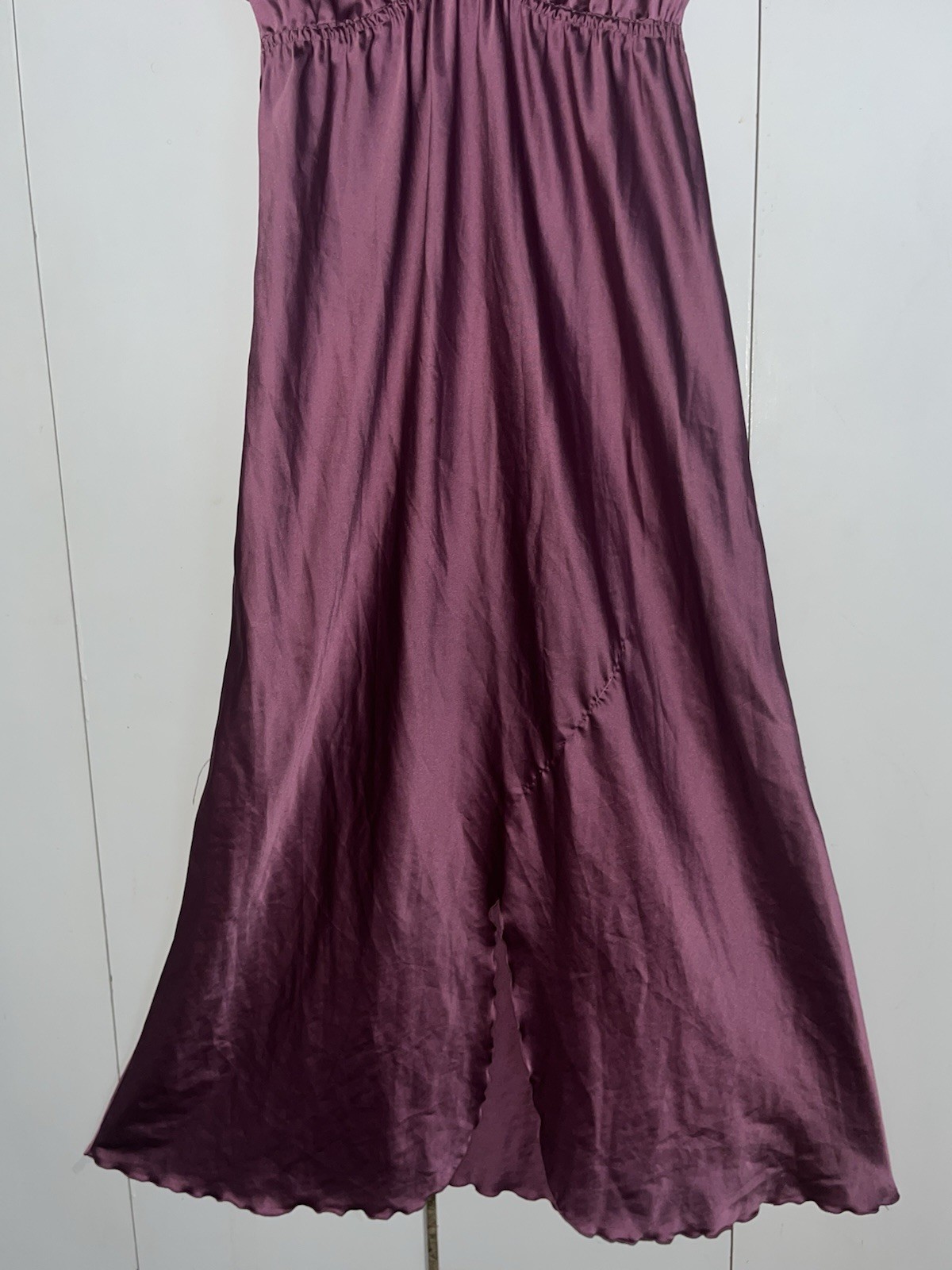 Vtg Miss Elaine Purple Satin Maxi Nightgown Large V Neck Flutter Sleeves