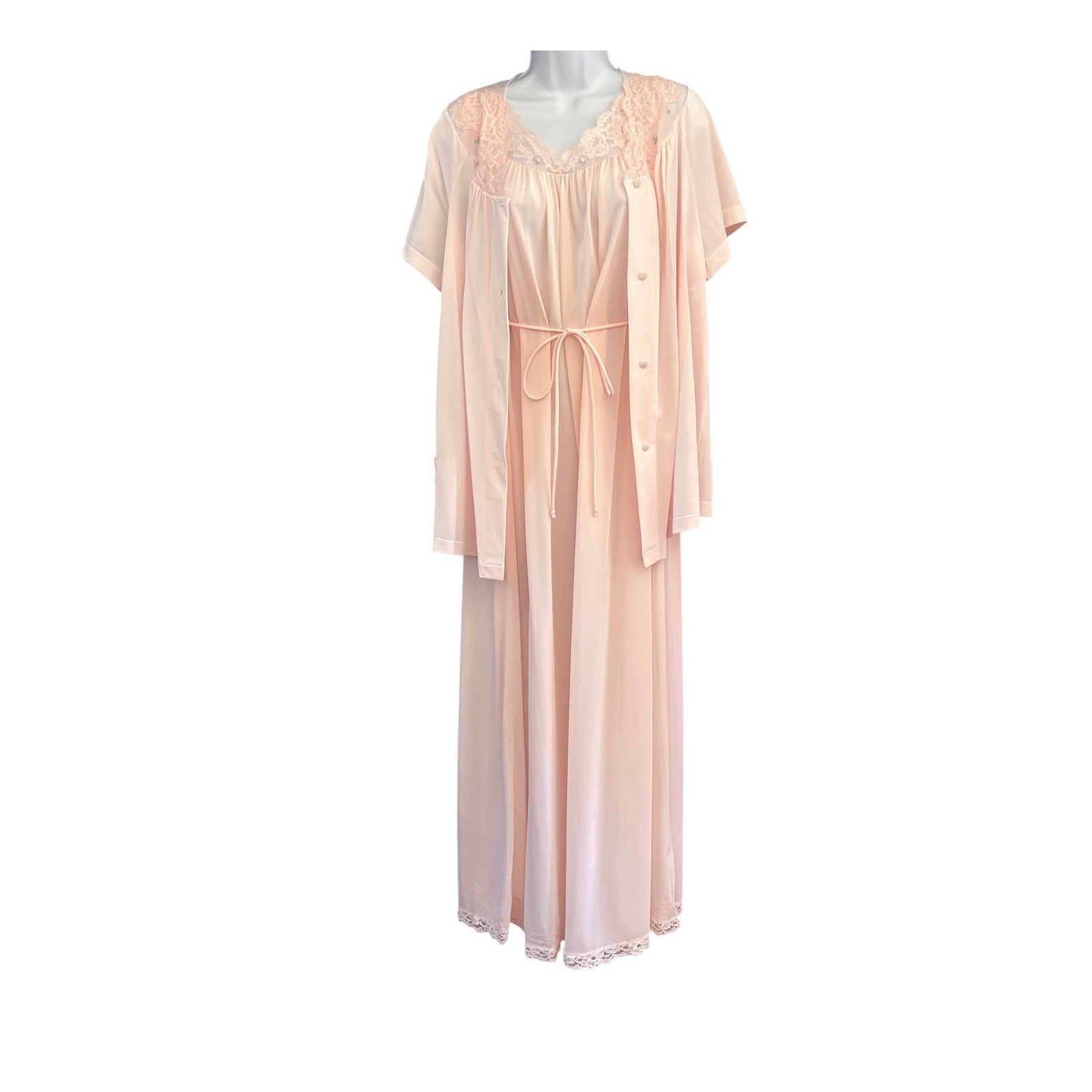 Vintage Shadowline Peignoir Set Pink Lace Coquette Romantic Sleepwear