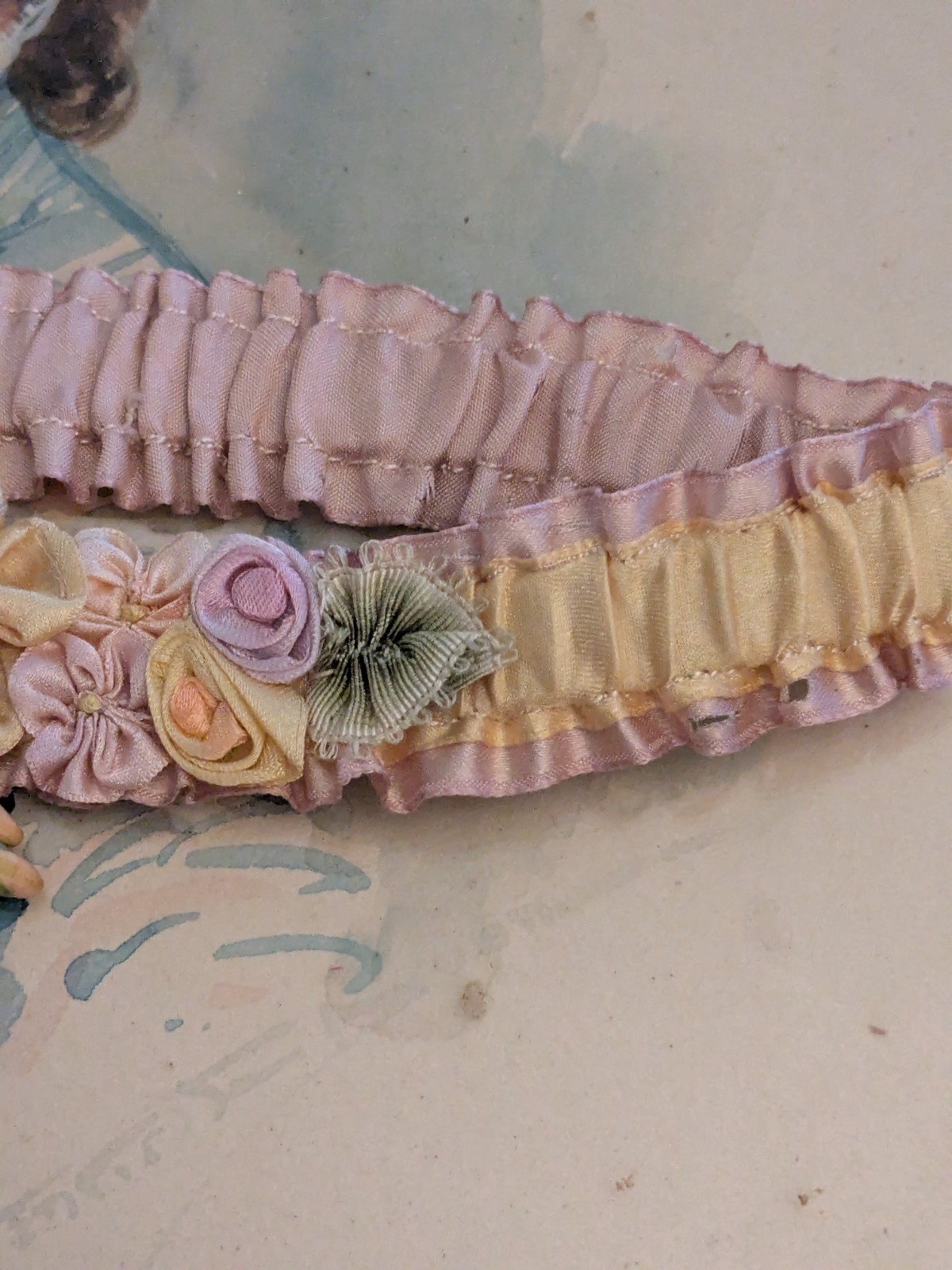 Flapper 1920’S Ribbonwork Silk Garter So Many Flowers Lavender And Yellow