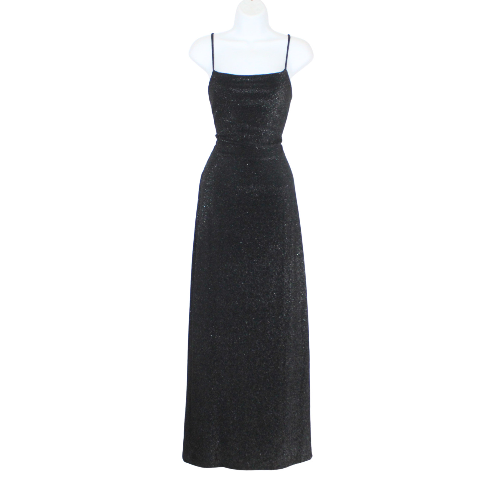Vintage 90s column dress black metallic long lace up open back leg slit formal
