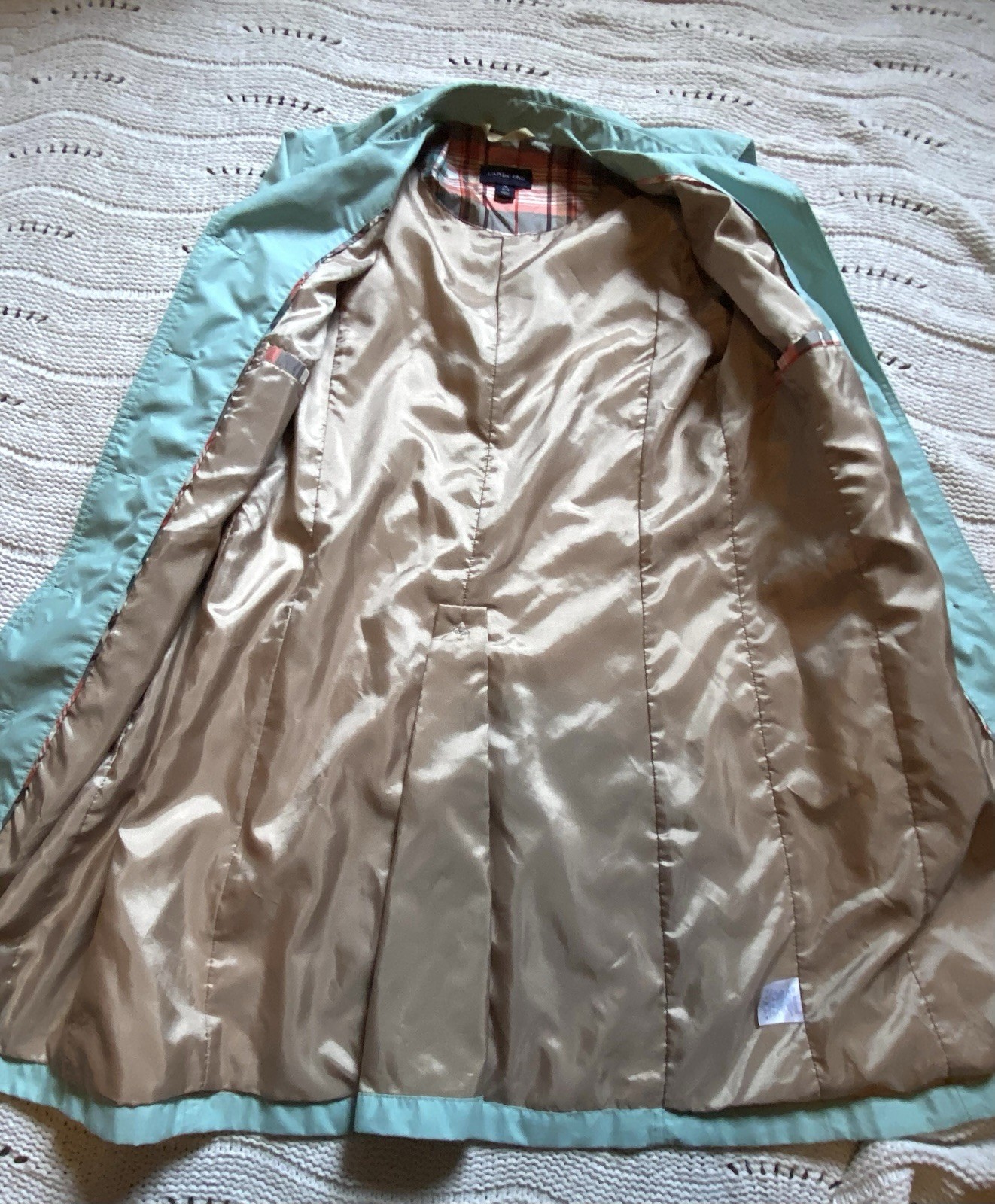VTG Lands End Mint Green Lightweight Trench Coat Lined Button Up Women’s Medium