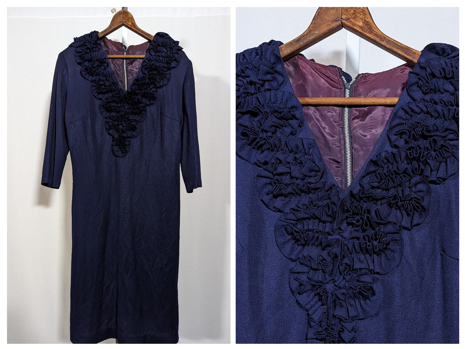 Vintage 40s 50s Floral Ruffle Dark Blue Dress 36 USA Mid Century