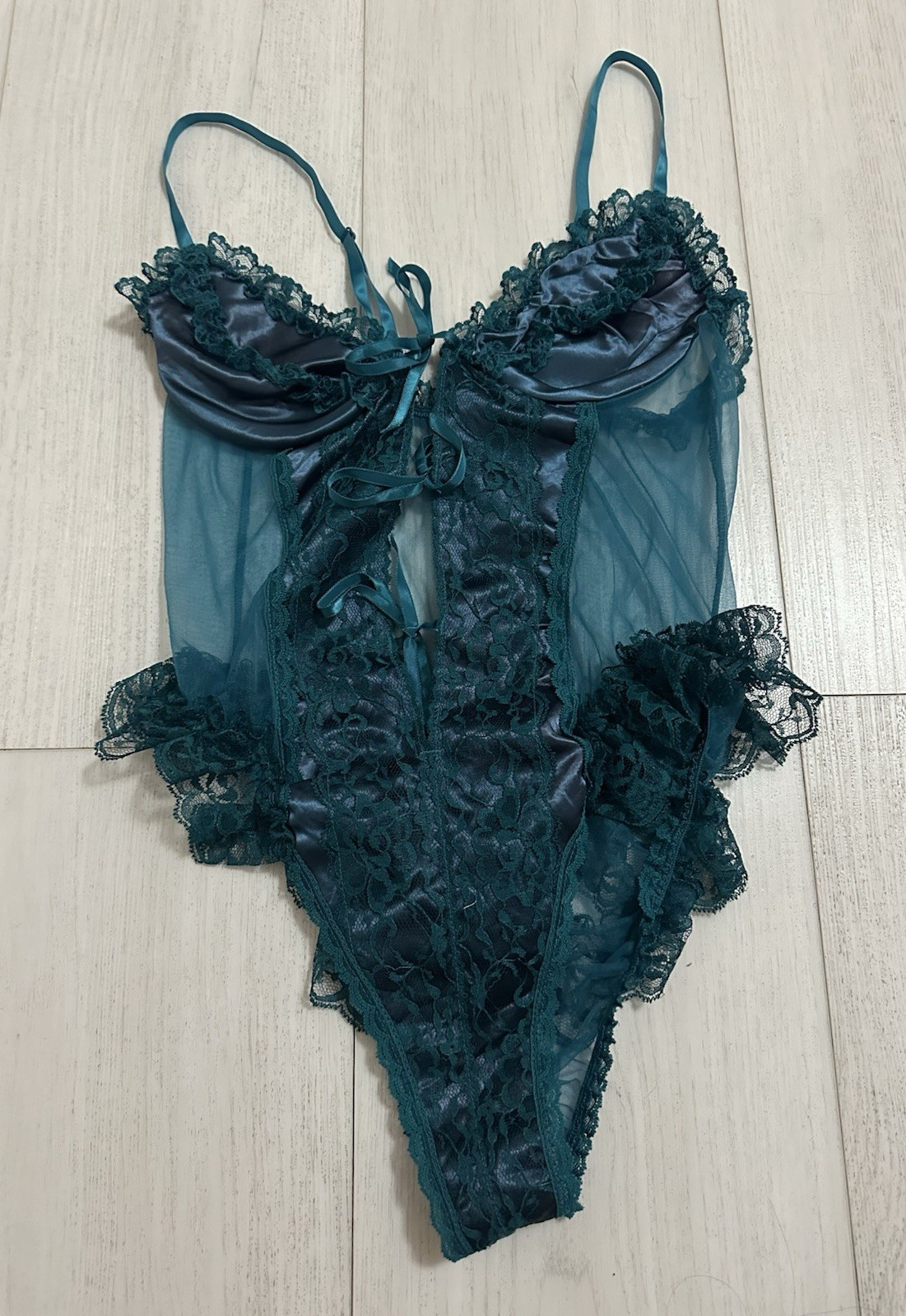 Vintage Frederick&rsquo;s of Hollywood Satin Teddy Lingerie Sz M – Teal Green