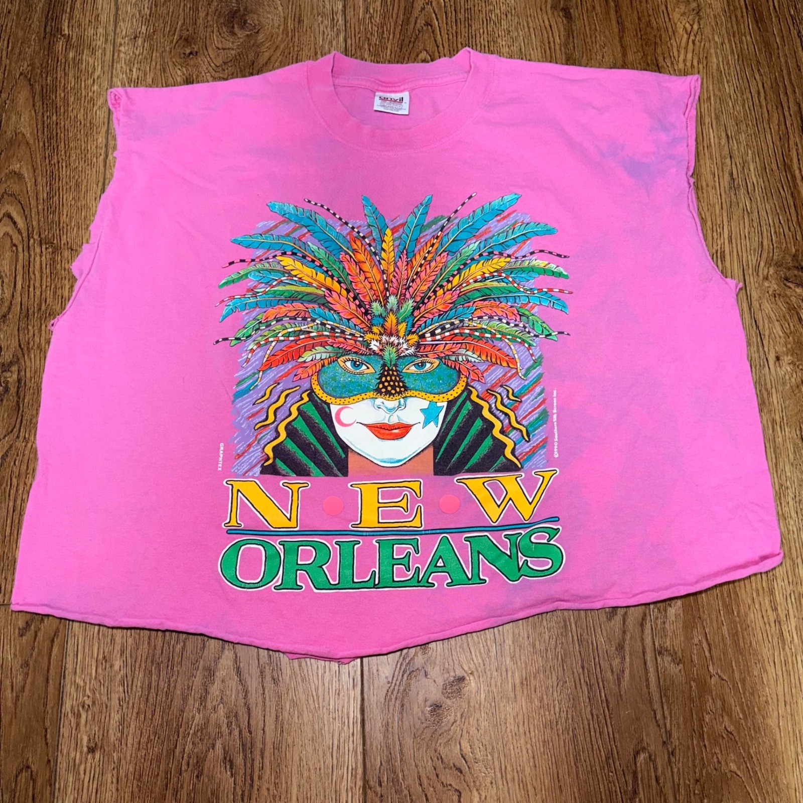 VTG 1990 New Orleans Mardi Gras Crop Top Pink Anvil Sleeveless Graphic Tee OS