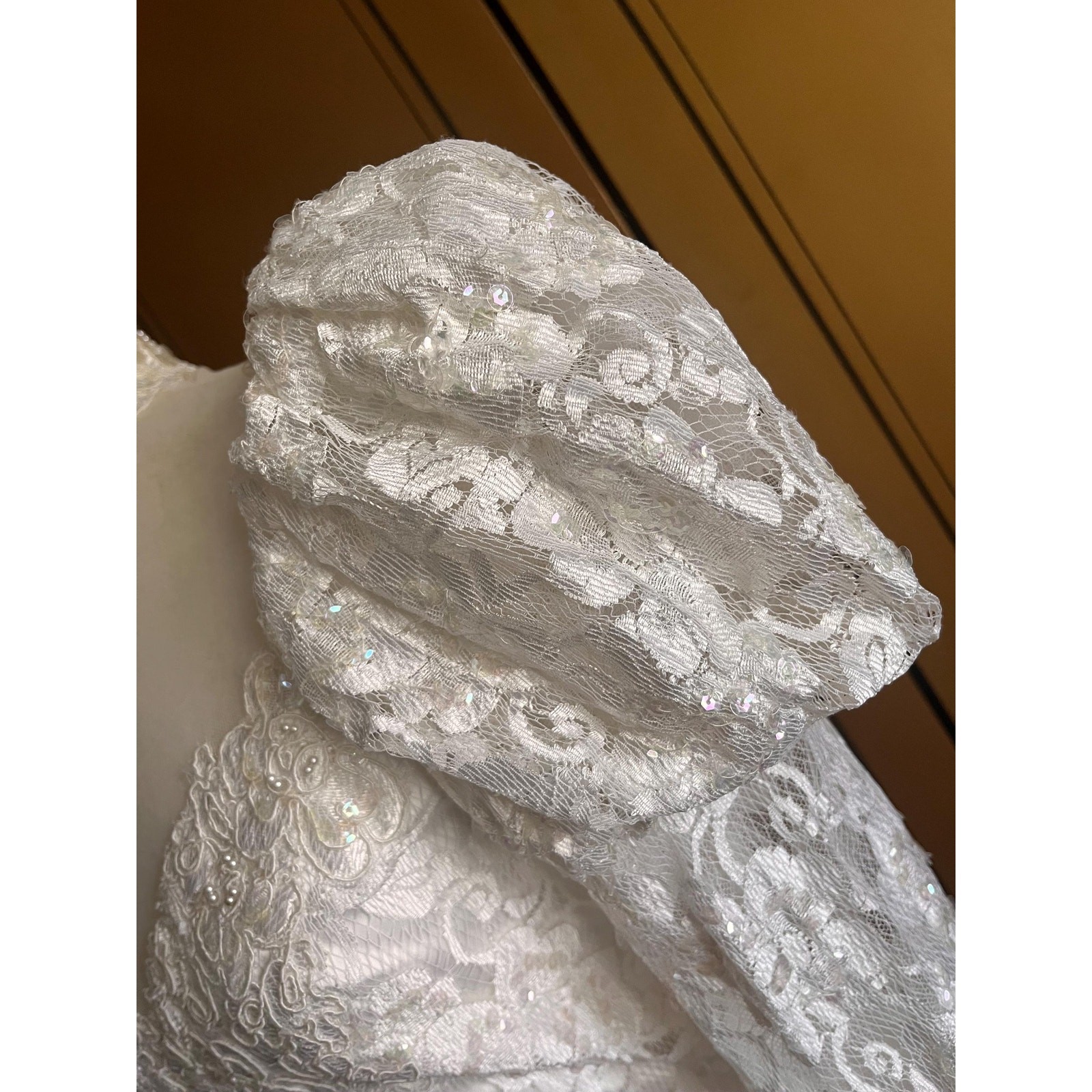 Vintage wedding gown with lace, beads, sequins and train